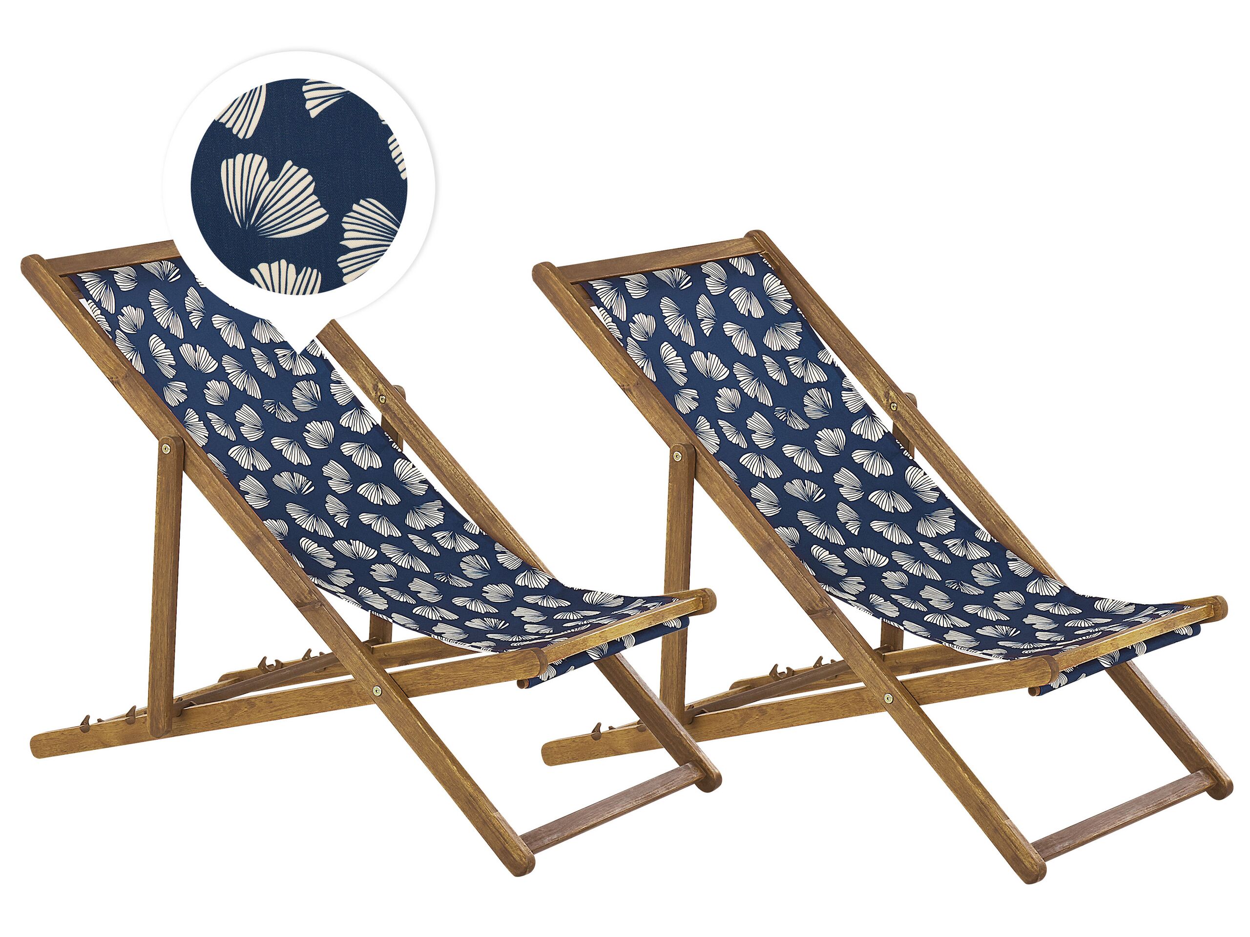 Set Of 2 Garden Deck Chairs Light Acacia Wood Frame Floral Pattern Replacement Fabric Hammock Seat Reclining Folding Sun Lounger