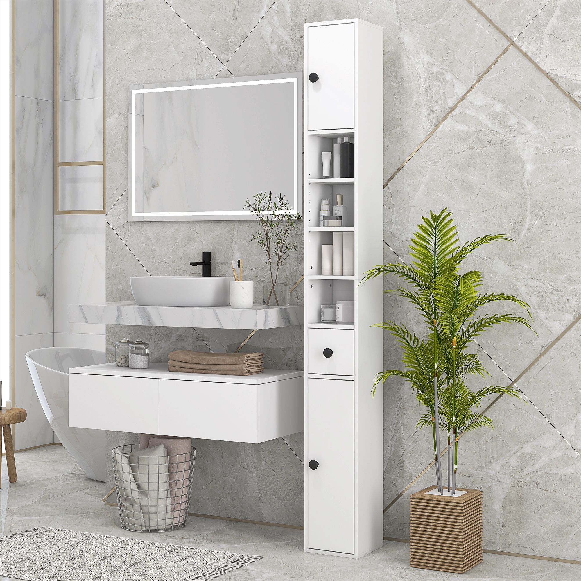 Kleankin 180cm Tall Slim Bathroom Cabinet, Narrow Toilet Roll Storage W/ Open Shelves, 2 Door Cabinets, Adjustable Shelves, For Kitchen, White