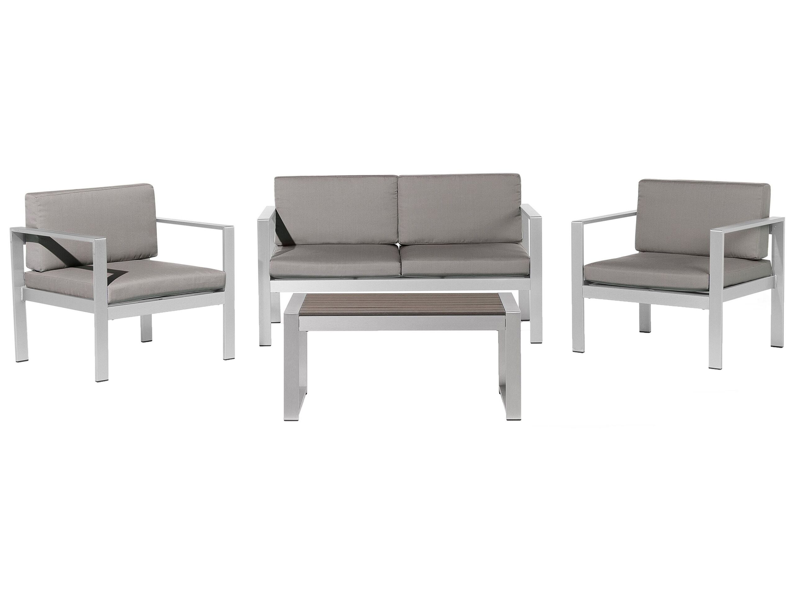 4 Piece Garden Set Dark Grey Plastic Wood Sofa With 2 Chairs And Coffee Table Beliani