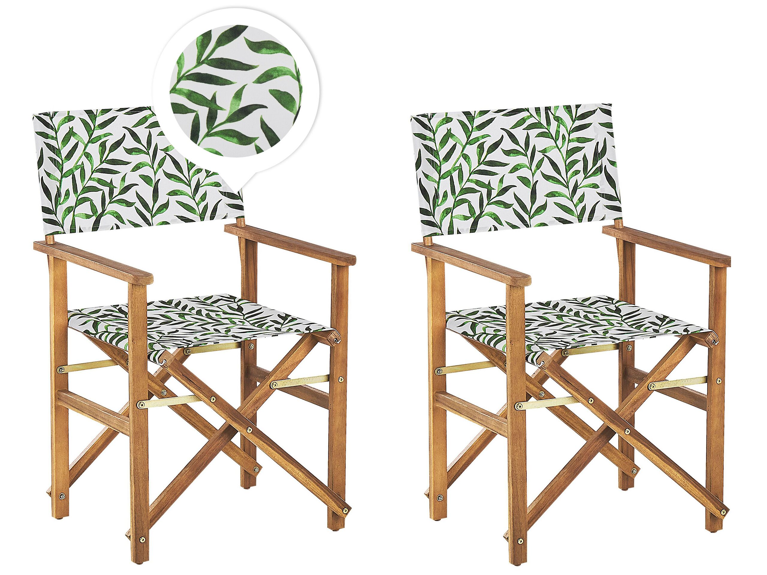 Set Of 2 Garden Director's Chairs Light Wood With Grey Acacia Leaf Pattern Replacement Fabric Folding