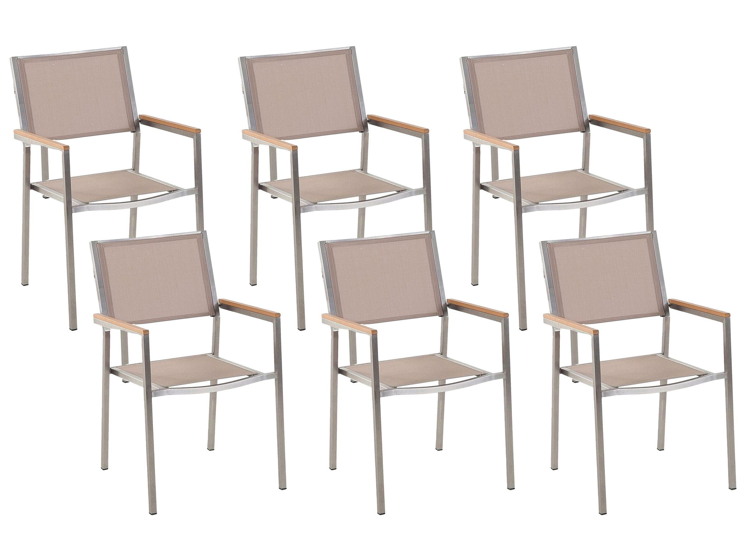 Set Of 6 Garden Dining Chairs Beige And Silver Textile Seat Stainless Steel Legs Stackable Outdoor Resistances