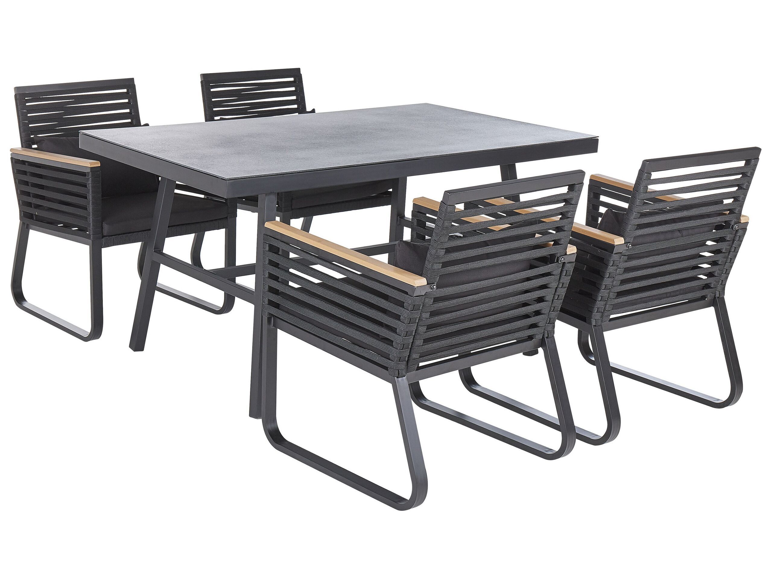 Garden Dining Set 4 Seater Black Metal Aluminium Matte Finish Outdoor Table 4 Chairs Cushions