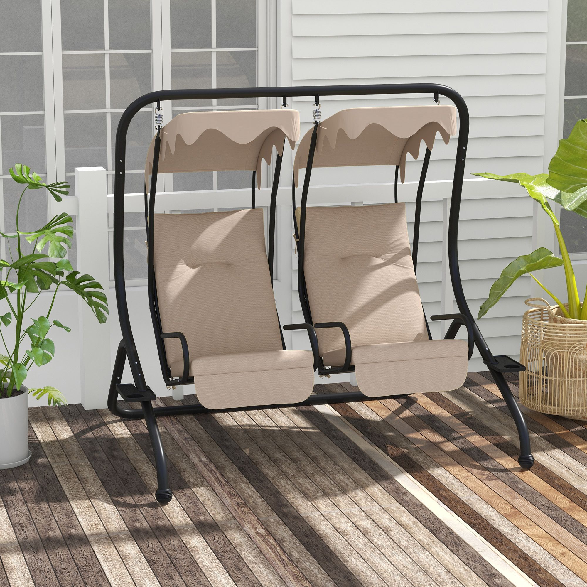 Outsunny Canopy Swing Chair Modern Garden Swing Seat Outdoor Relax Chairs W/ 2 Separate Chairs, Cushions And Removable Shade Canopy, Beige
