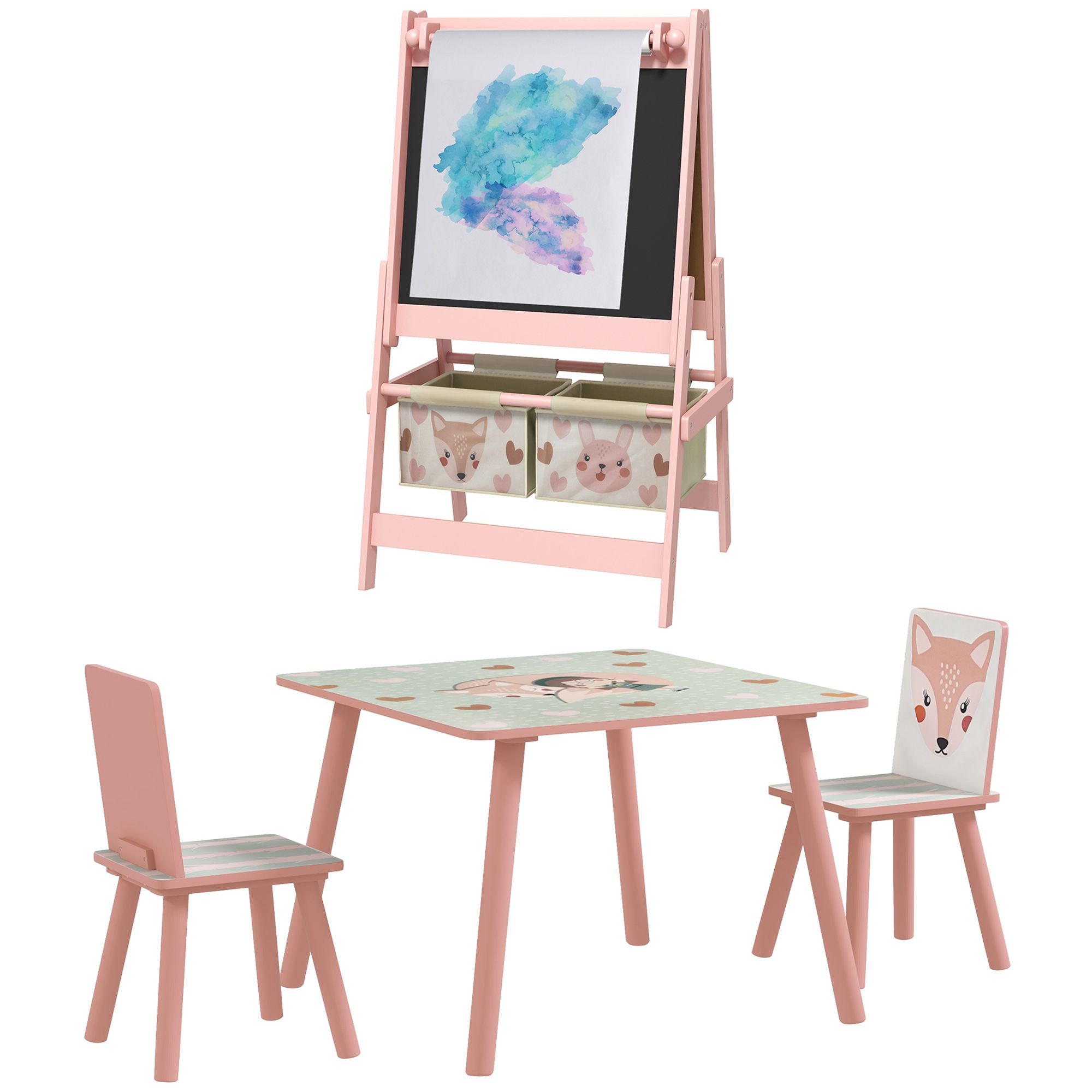 Zonekiz Kids Table And Chair Set And Kids Easel With Paper Roll, Storage Baskets, Kids Activity Furniture Set, Pink