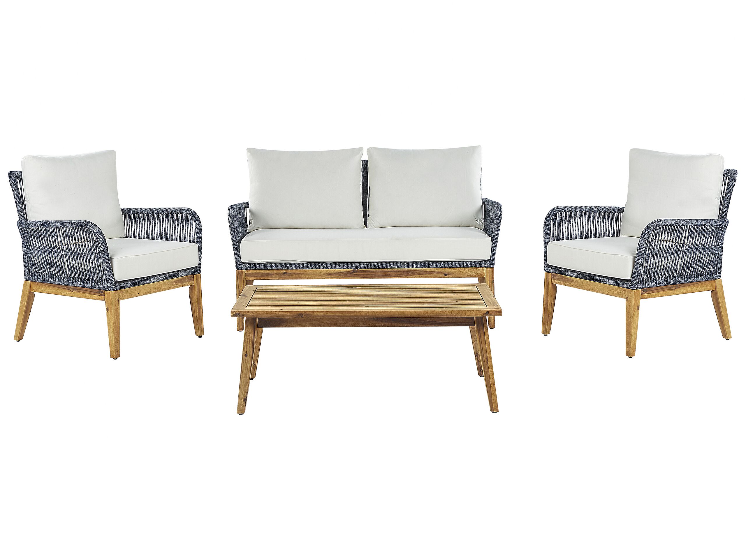 Garden Conversation Set Acacia Wood Navy Blue Cushions Modern Outdoor 4 Seater With Coffee Table