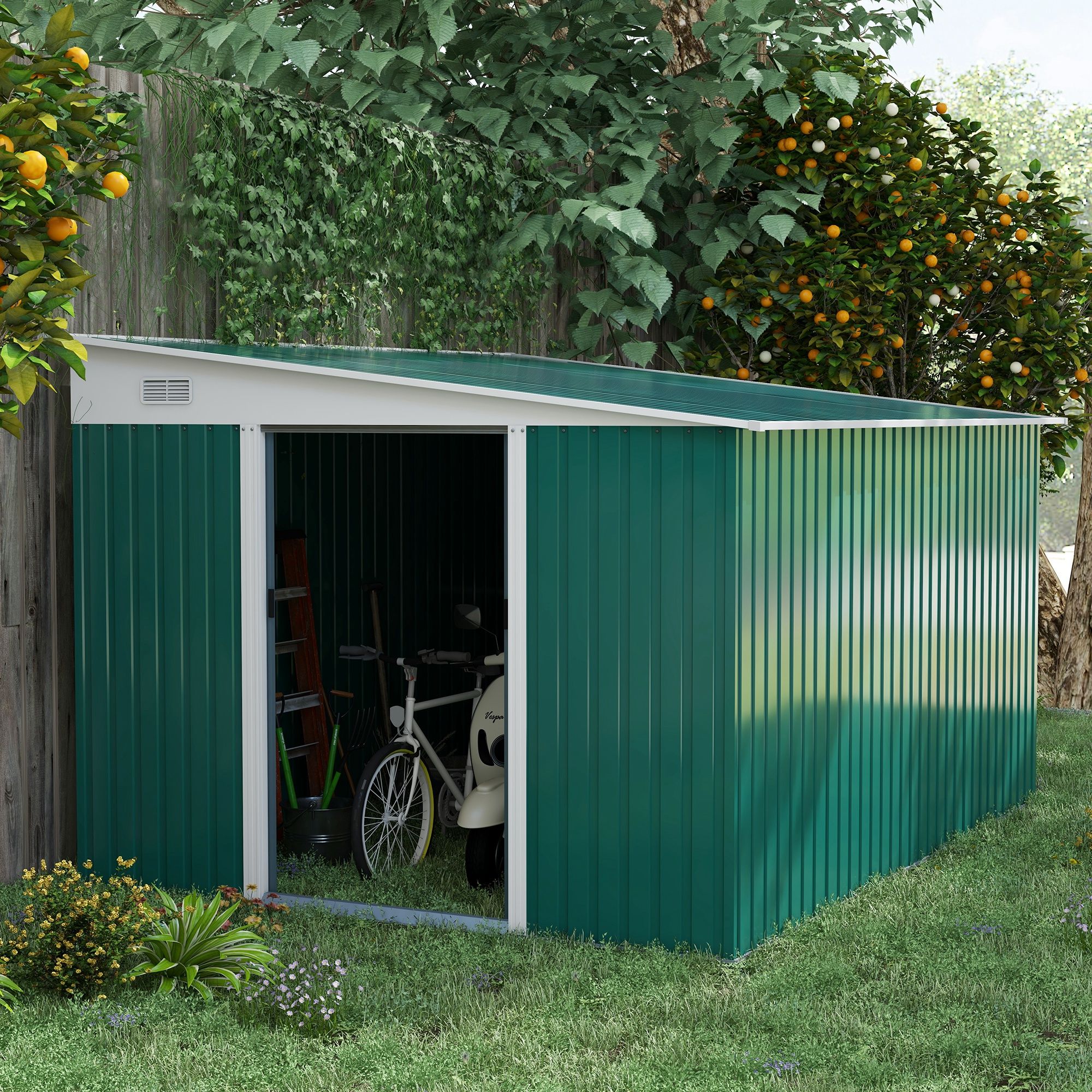 Outsunny Garden Metal Storage Shed Outdoor Metal Tool House With Double Sliding Doors And 2 Air Vents, 11.3x9.2ft, Green