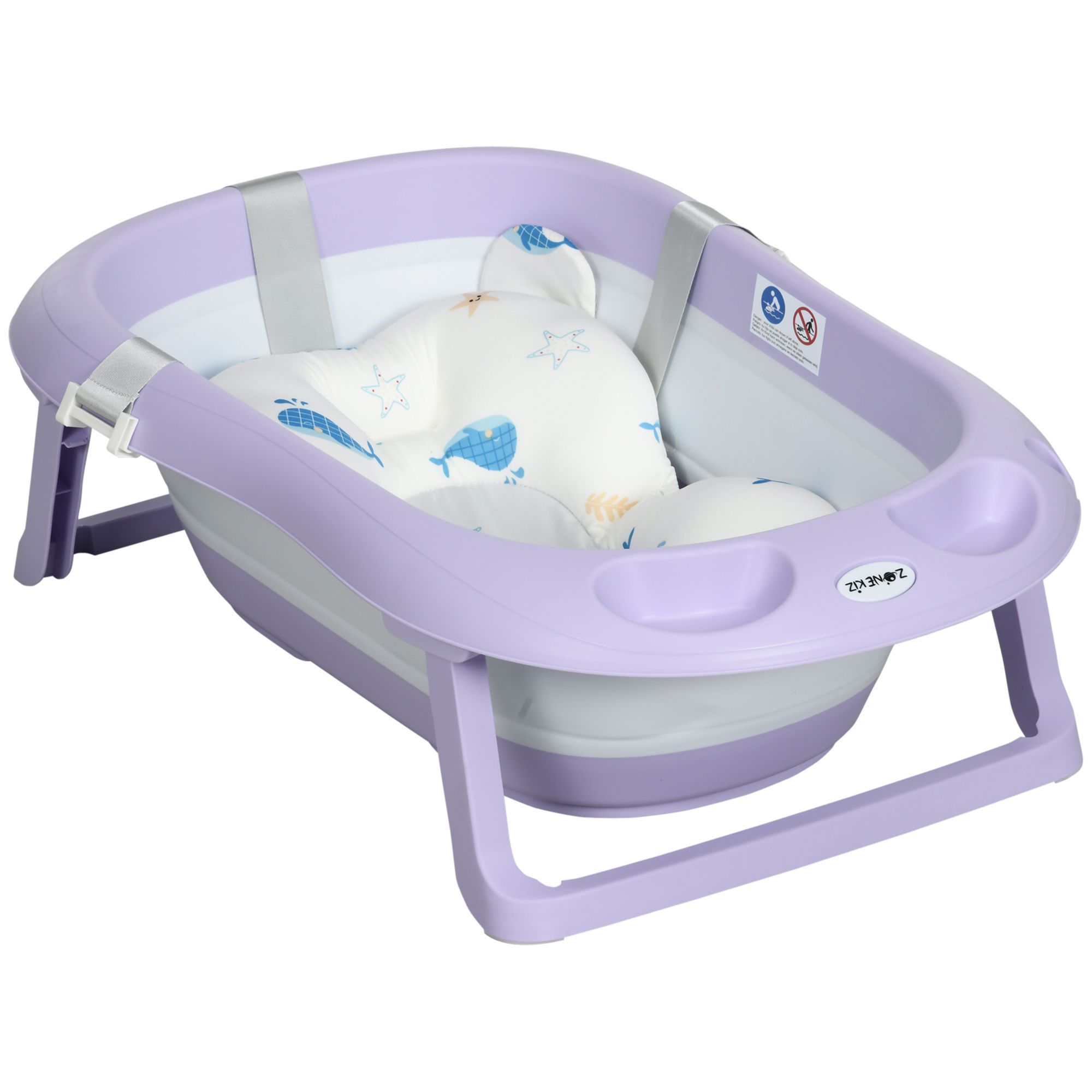 Zonekiz Foldable Baby Bath Tub, Bath Tub With Non-slip Support, Cushion Pad, Drain Plugs, Shower Head Holder, For Newborn To 6 Years - Purple