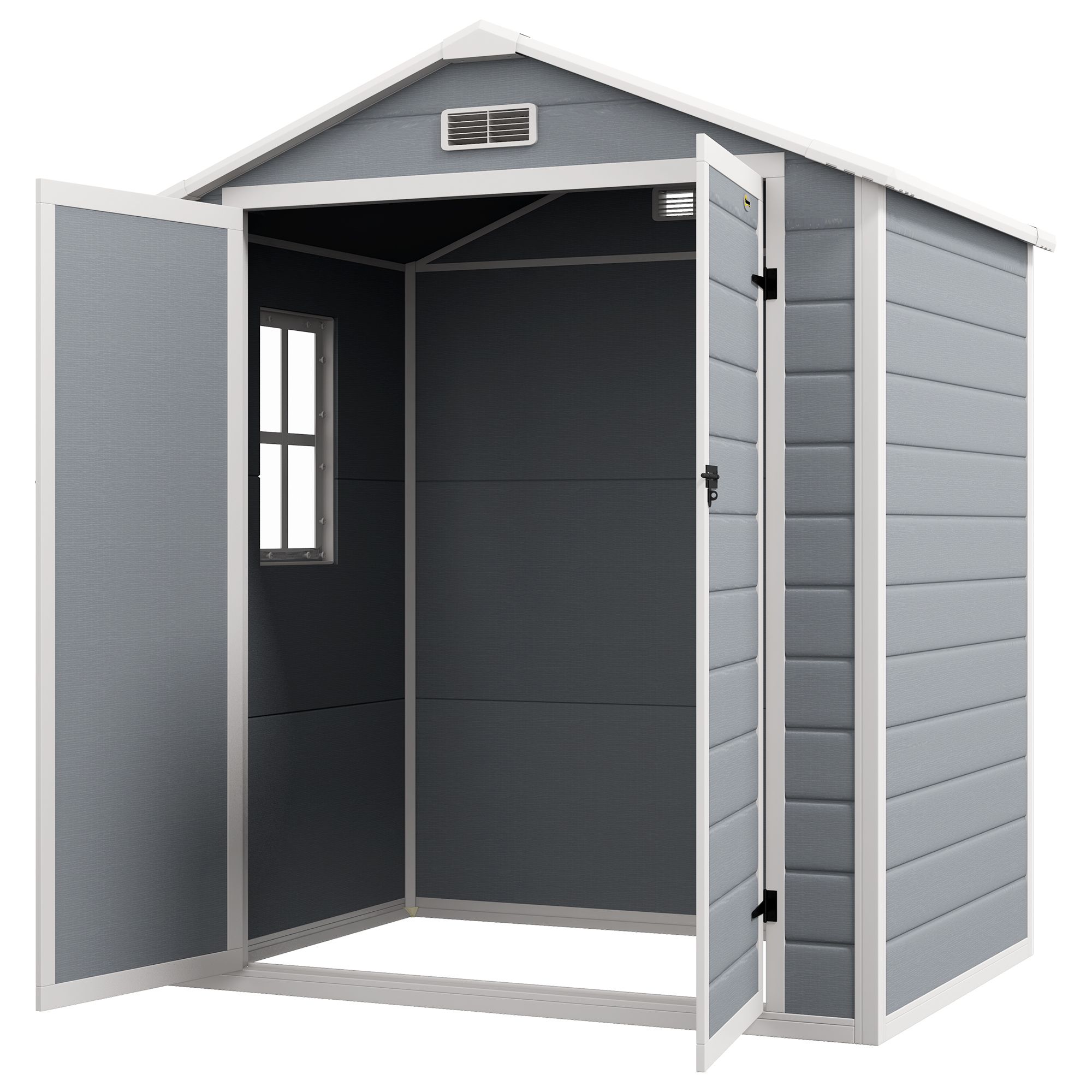 Outsunny 6'x4.5' Garden Storage Shed, Lockable Garden Shed With Double Doors, Window, Vent And Plastic Roof, Grey