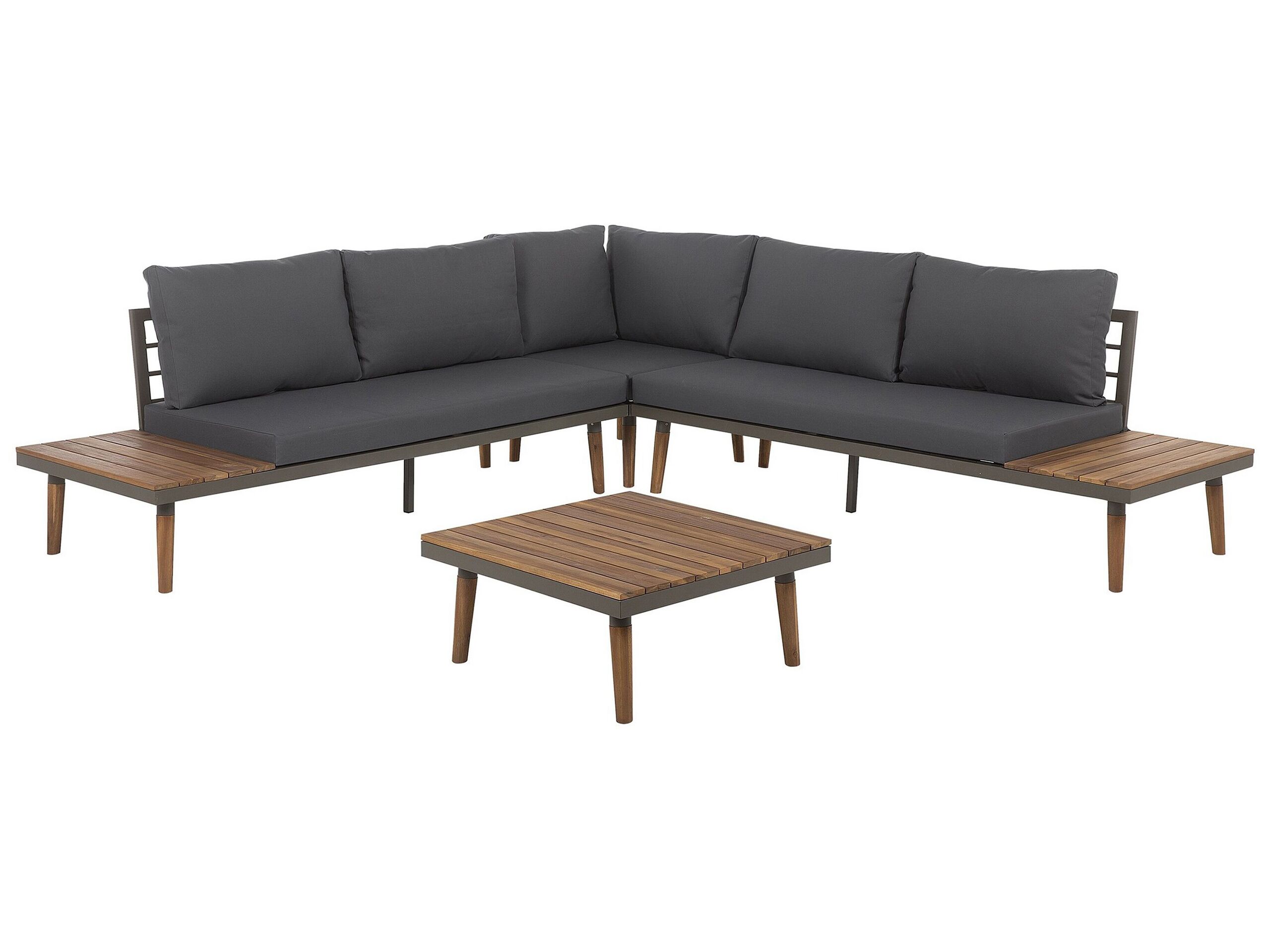 Corner Sofa Garden Set Grey And Brown Acacia Wood 5 Seater With Coffee Table