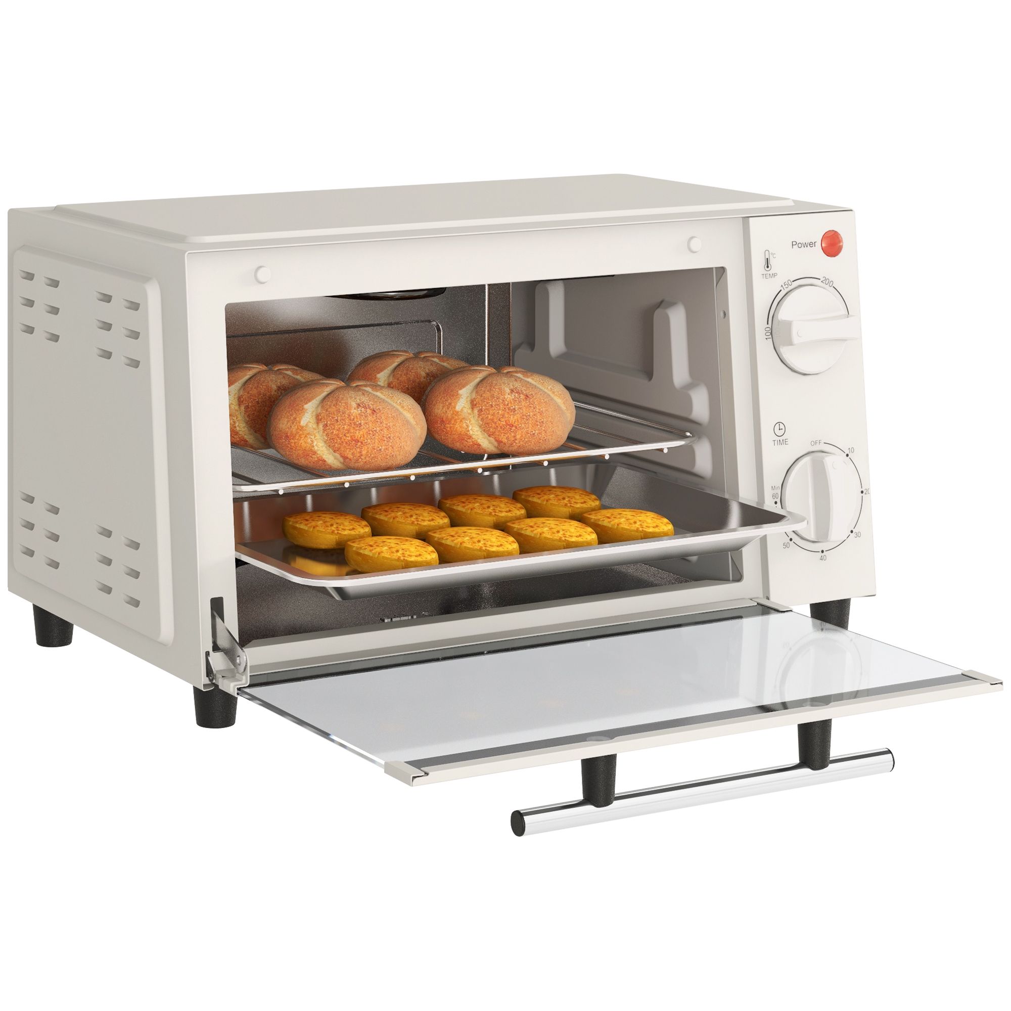 Homcom Mini Oven, 9l Countertop Electric Grill, Toaster Oven With Adjustable Temperature, Timer, Baking Tray And Wire Rack, 750w, Cream