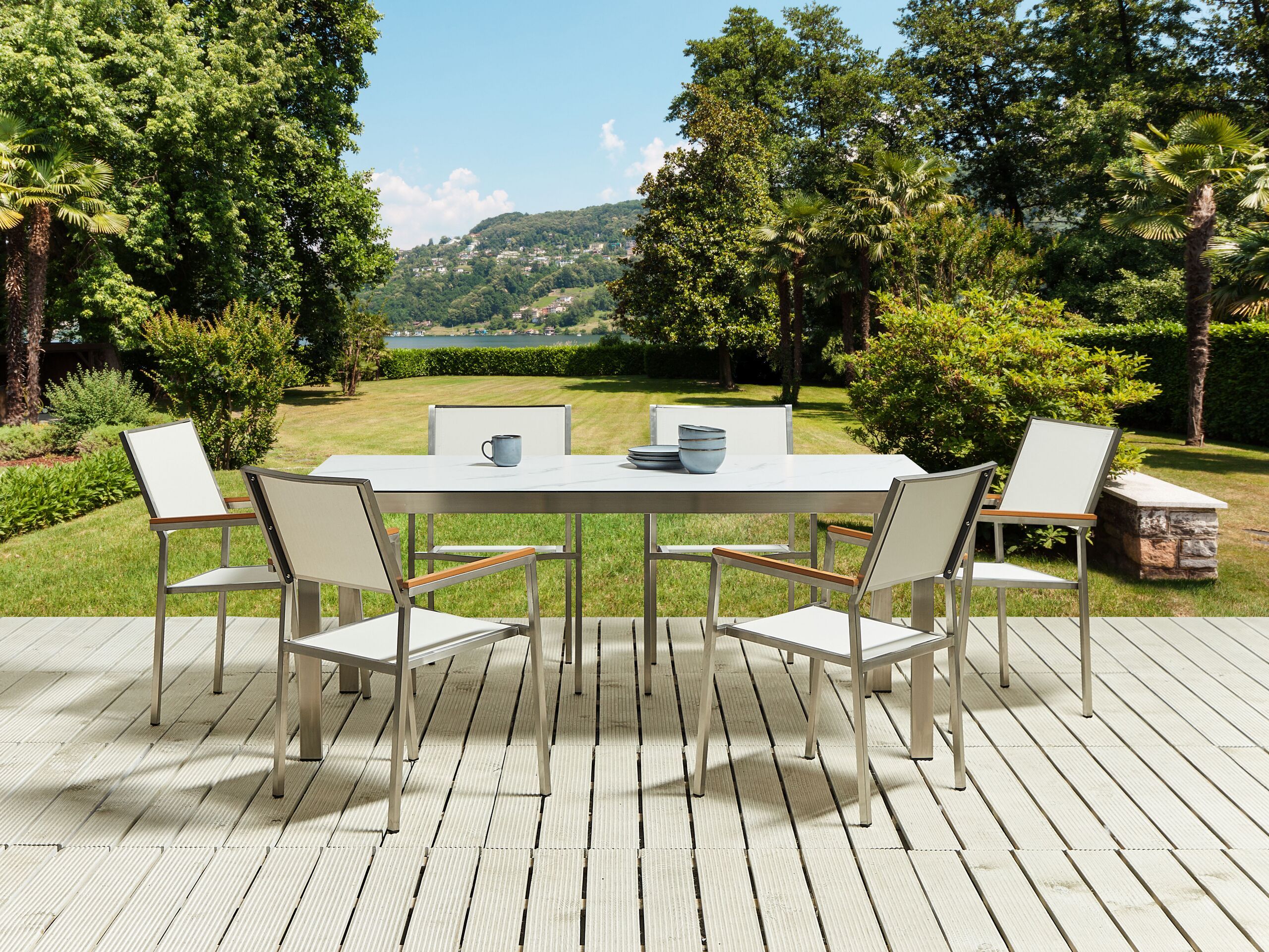 Garden Dining Set Marble Effect White Tabletop Glass Stainless Steel Frame White Set Of 6 Chairs Textilene