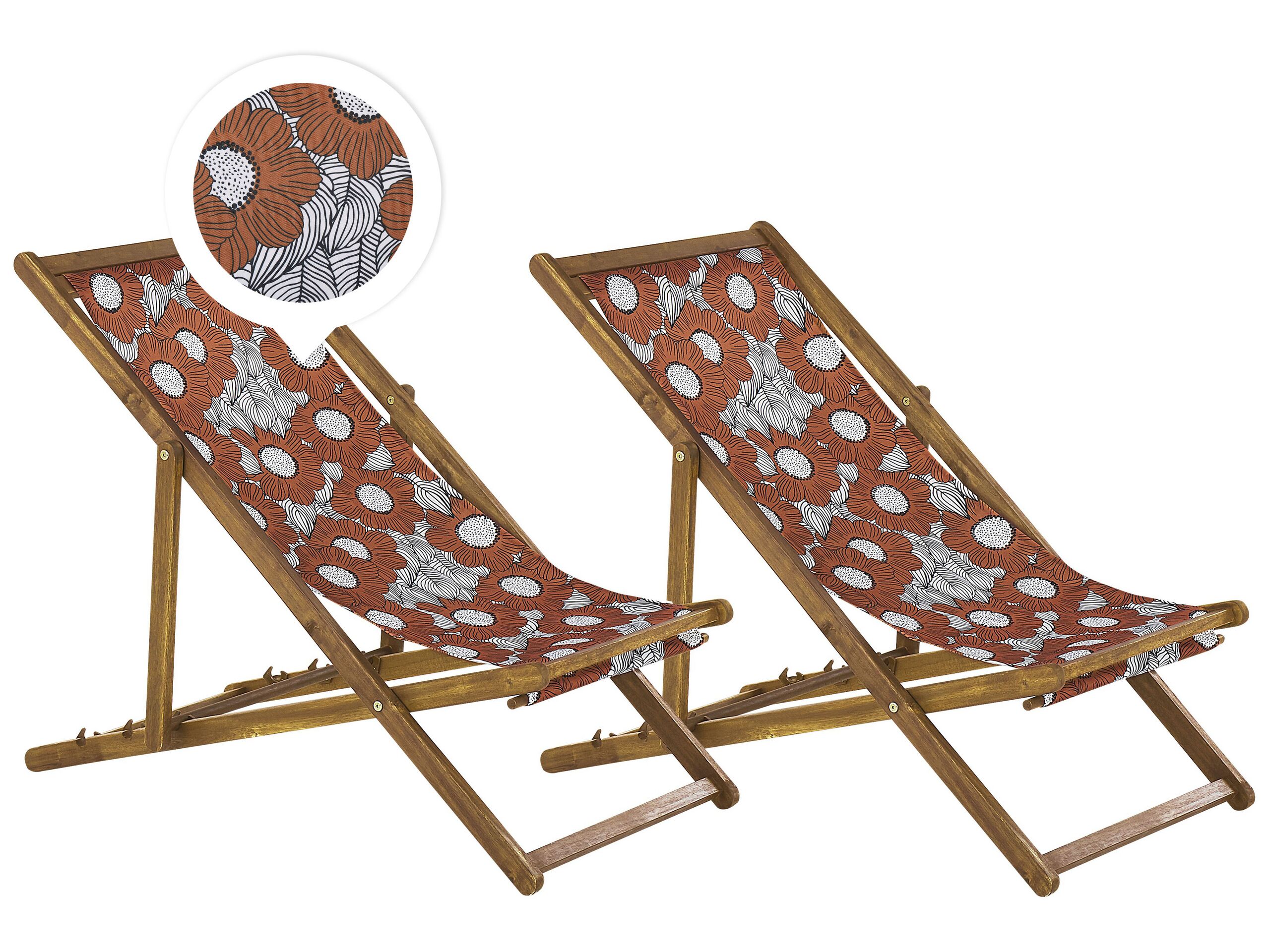 Set Of 2 Garden Deck Chairs Light Acacia Wood Frame Poppies Pattern Replacement Fabric Hammock Seat Reclining Folding Sun Lounger