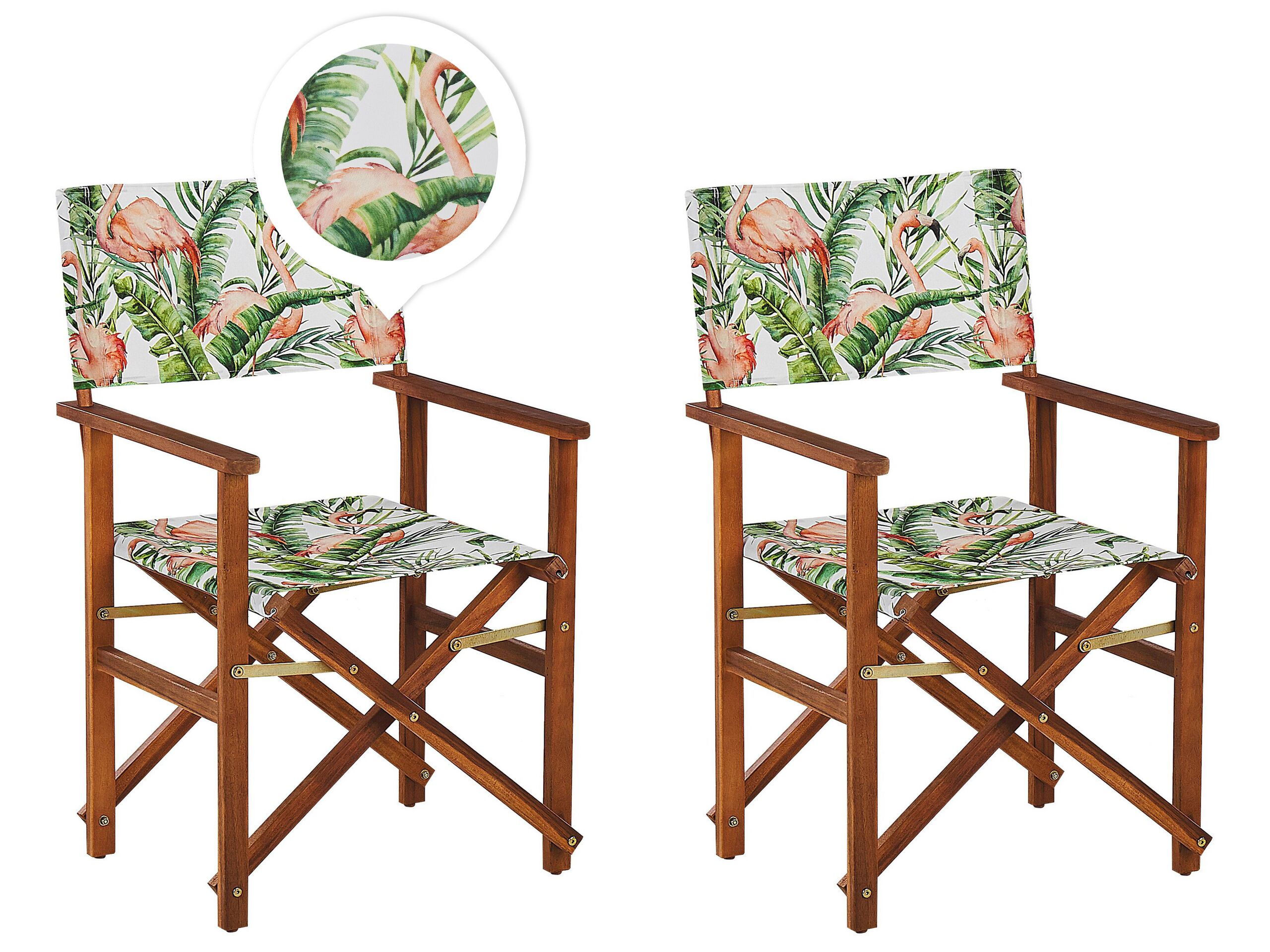 Set Of 2 Garden Director's Chairs Dark Wood With Off-white Acacia Flamingo Pattern Replacement Fabric Folding