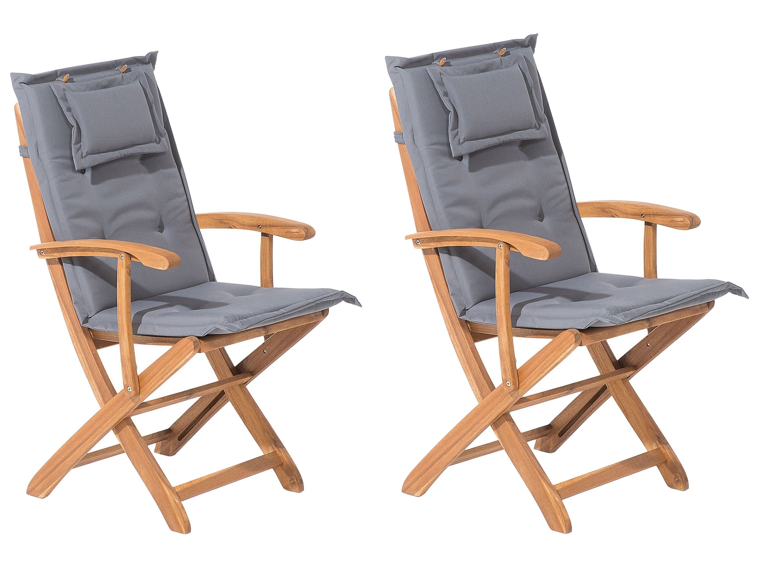 Set Of 2 Garden Dining Chairs Light Wood With Grey Cushion Acacia Wood Frame Folding Rustic Design Beliani