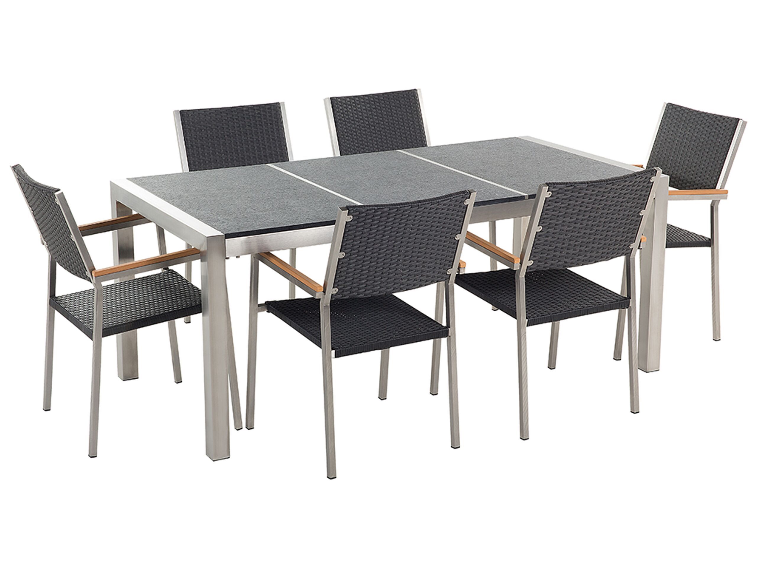 Garden Dining Set Black With Black Basalt Table Top Rattan Chairs 6 Seats 180 X 90 Cm Beliani