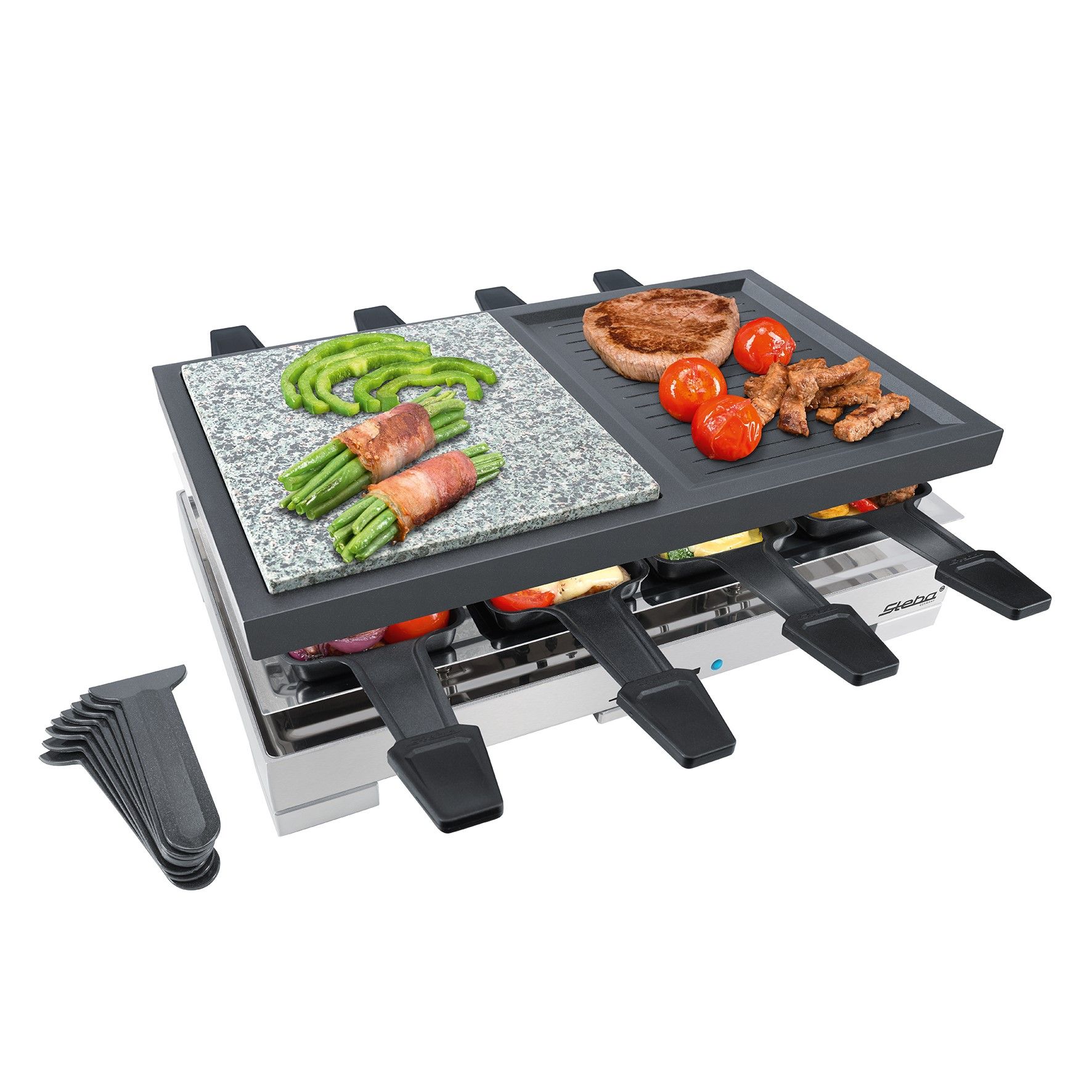 Steba Rc88 Delux Multi Raclette With Stone And Cast Griddle For 8 – Black /stainless Steel Stone Grill Plate, Non-stick Coated Aluminium Cast Plate