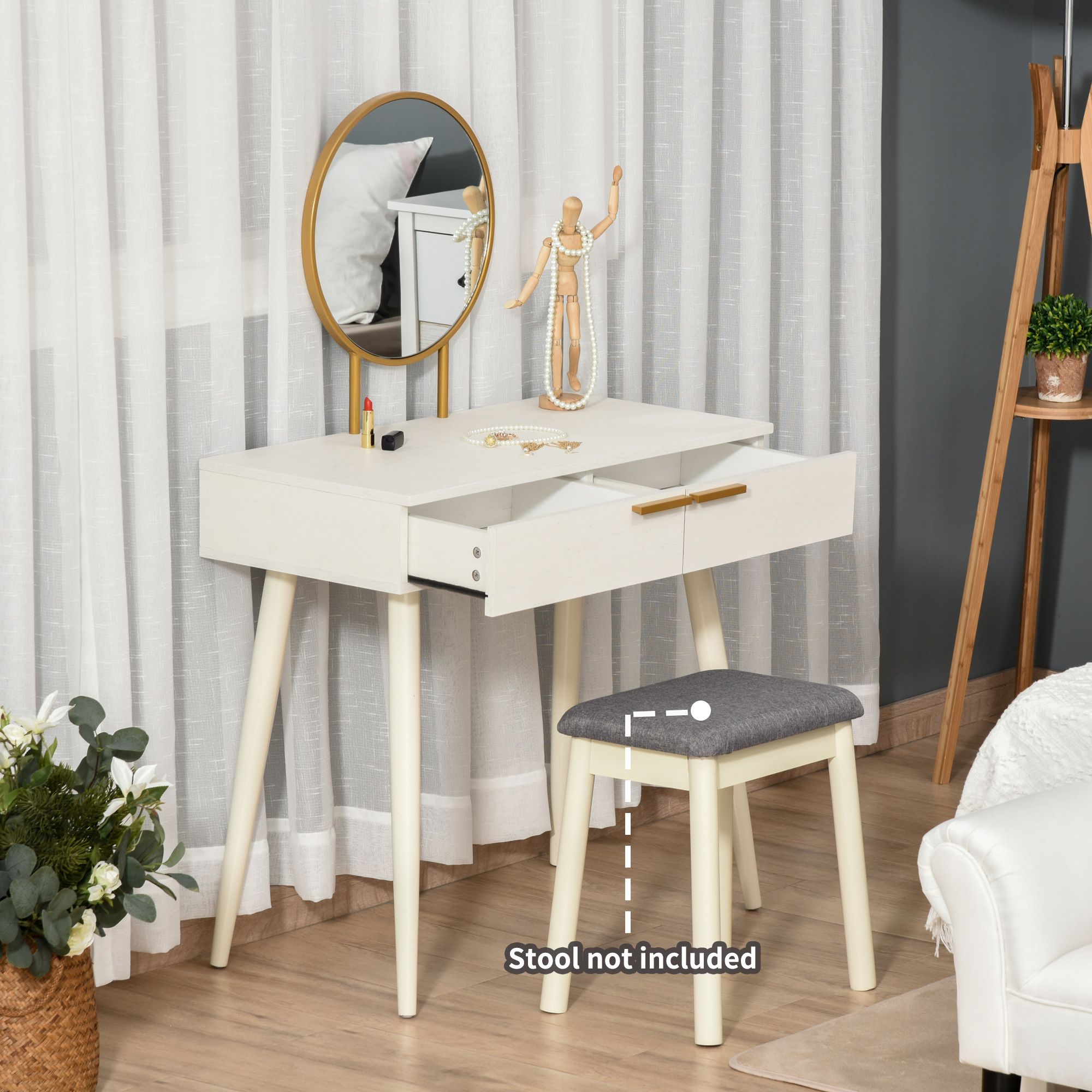 Homcom Modern Dressing Table With Round Mirror, Makeup Vanity Table With 2 Drawers, White