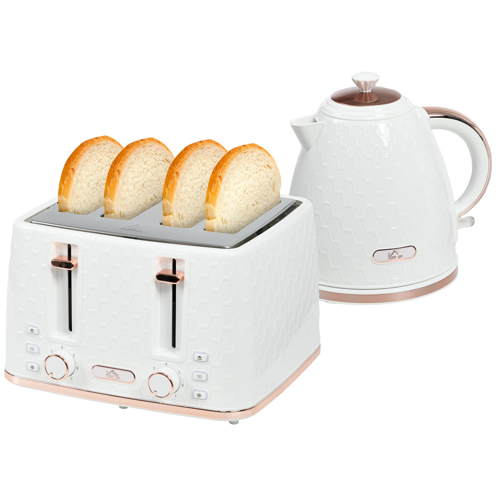 Homcom 1.7l 3000w Fast Boil Kettle & 4 Slice Toaster Set, Kettle And Toaster Set With 7 Browning Controls, Crumb Tray, White