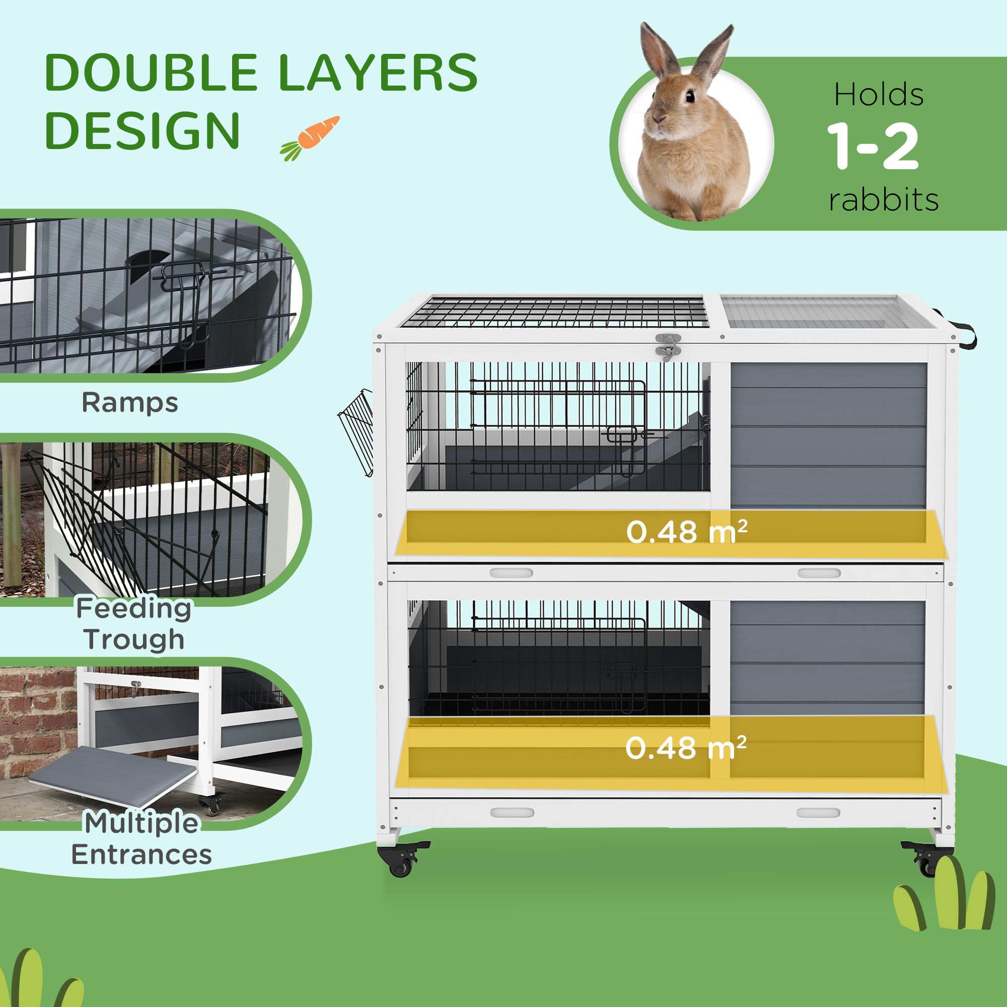 Pawhut Double Deckers Guinea Pig Cage Rabbit Hutch Indoor With Feeding Trough, Trays, Ramps, Openable Top - Grey