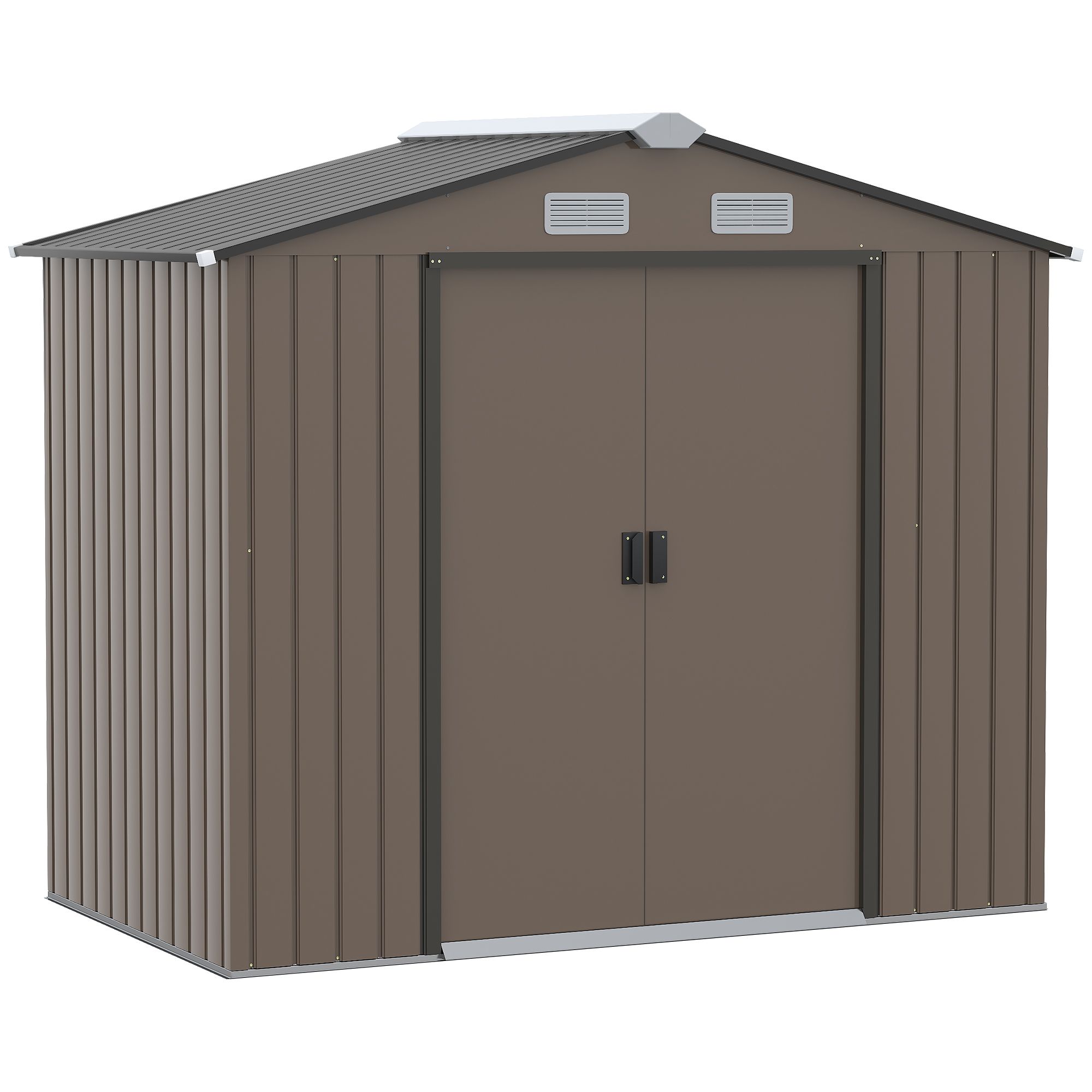 Outsunny 7ft X 4ft Lockable Garden Metal Storage Shed Large Patio Roofed Tool Storage Building Foundation Sheds Box Outdoor Furniture, Brown