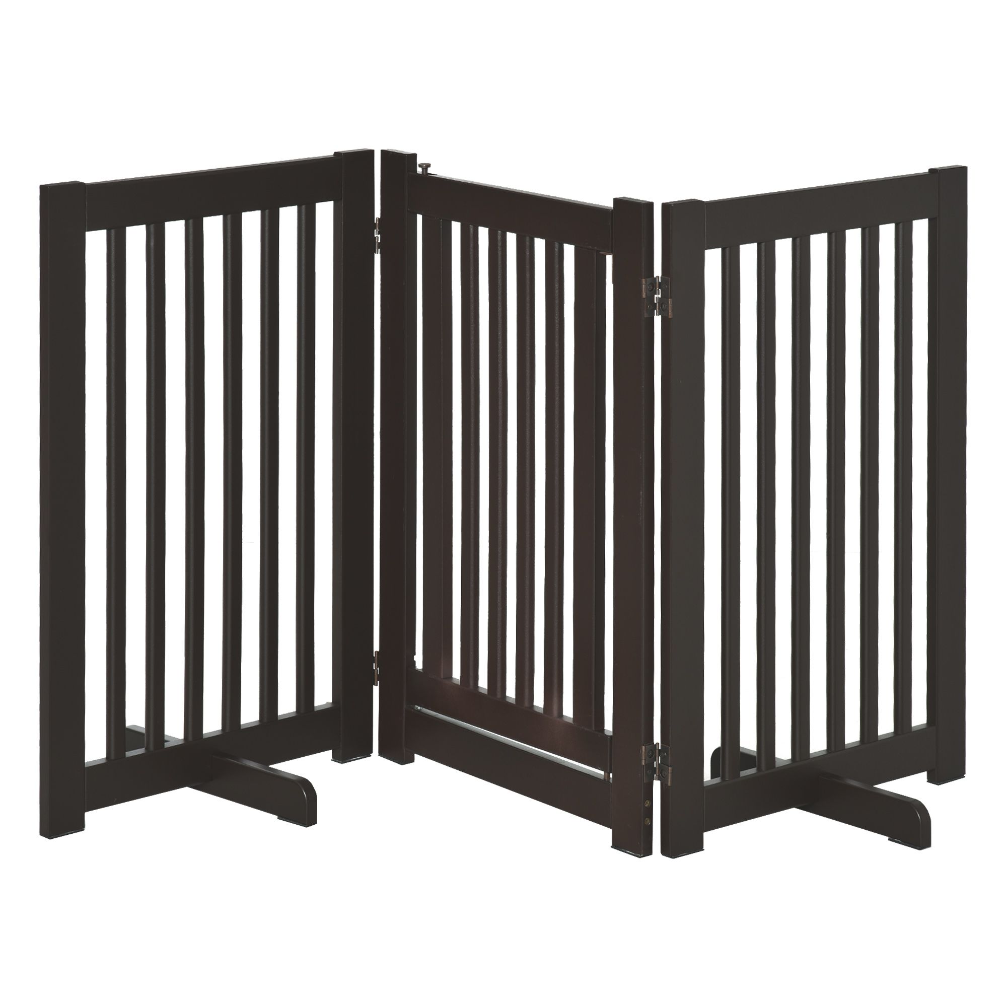 Pawhut Pet Gate Freestanding Dog Gate For Stairs Wood Doorway Safety Pet Barrier Fence Foldable W/ Latch Support Feet Deep Brown, 155 X 76 Cm