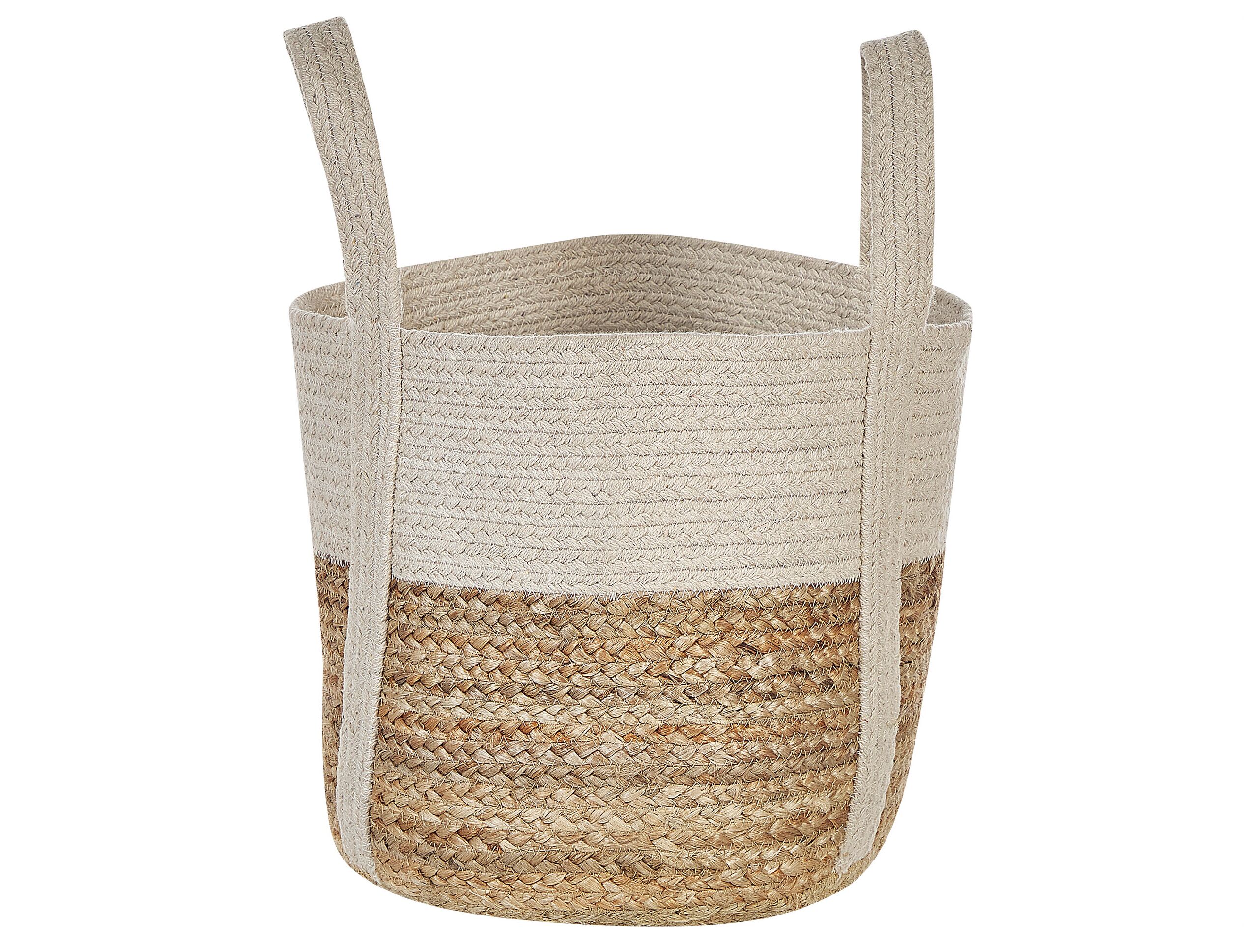 Storage Basket Beige And White Jute And Cotton Braided Laundry Hamper Fabric Bin