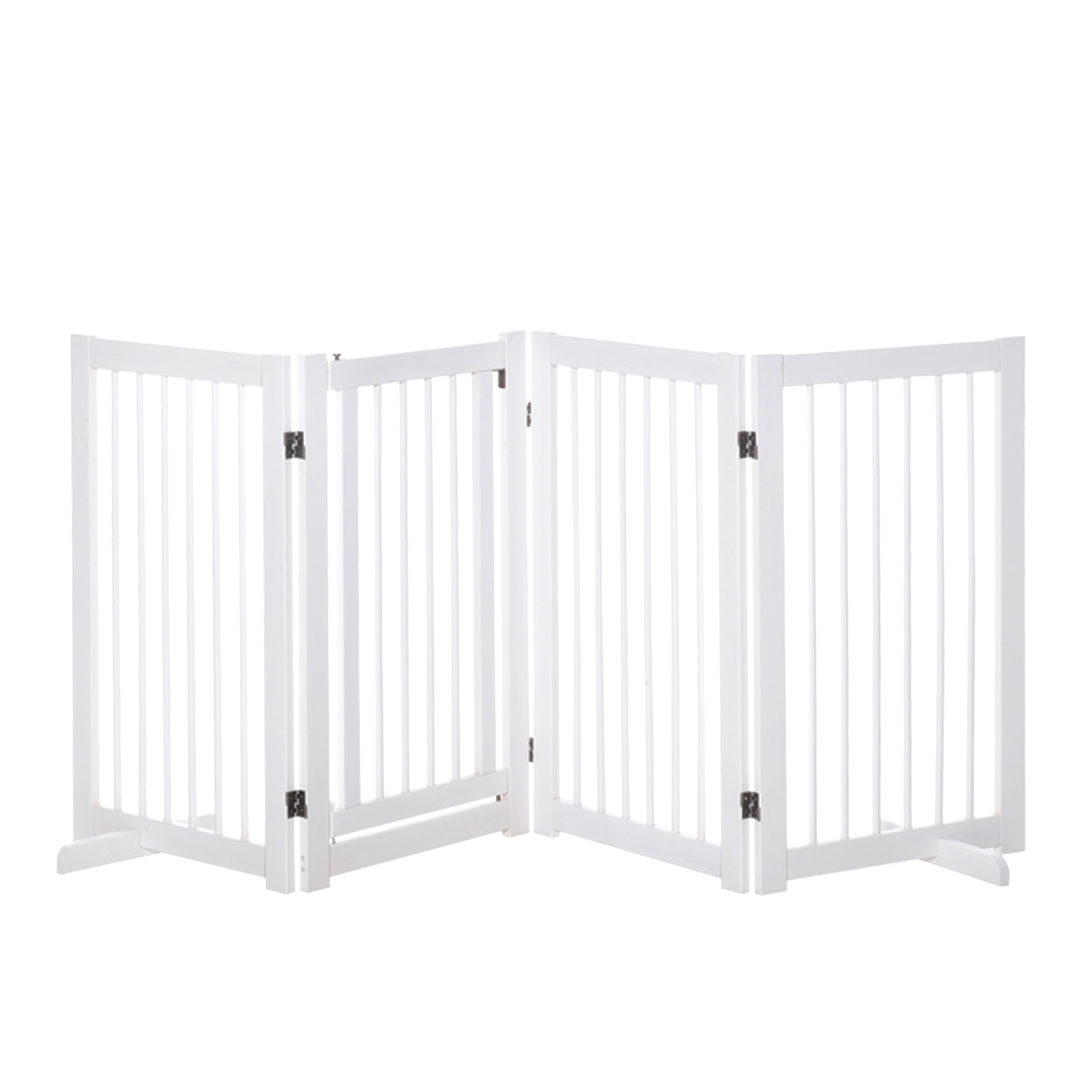 Pawhut Wooden Freestanding Pet Gate 4 Panels 91cm Foldable Dog Safety Fence With 2 Support Feet Walk-through Door For Doorway Stairs White