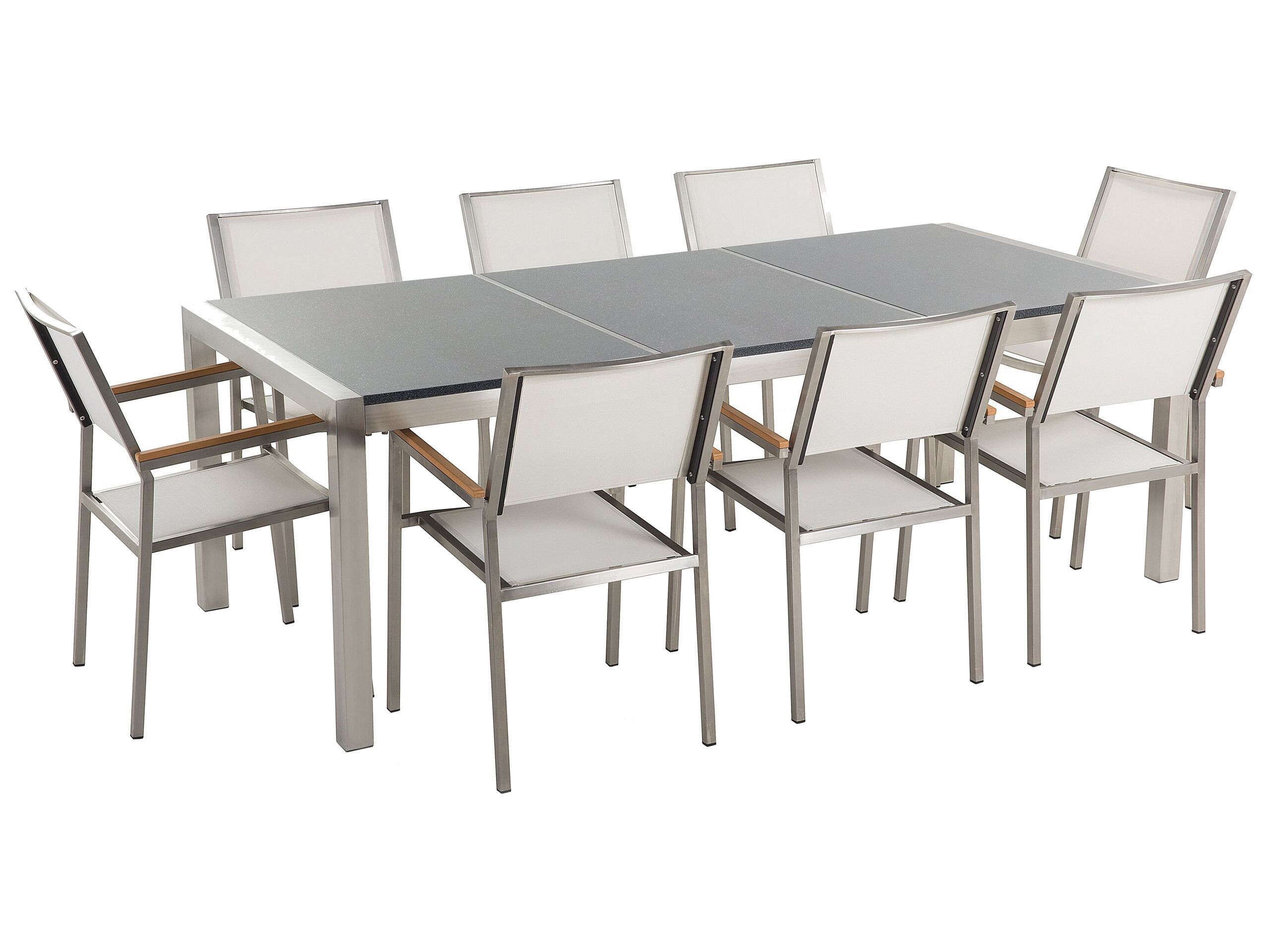 Garden Dining Set White With Grey Granite Table Top 8 Seats 220 X 100 Cm Beliani