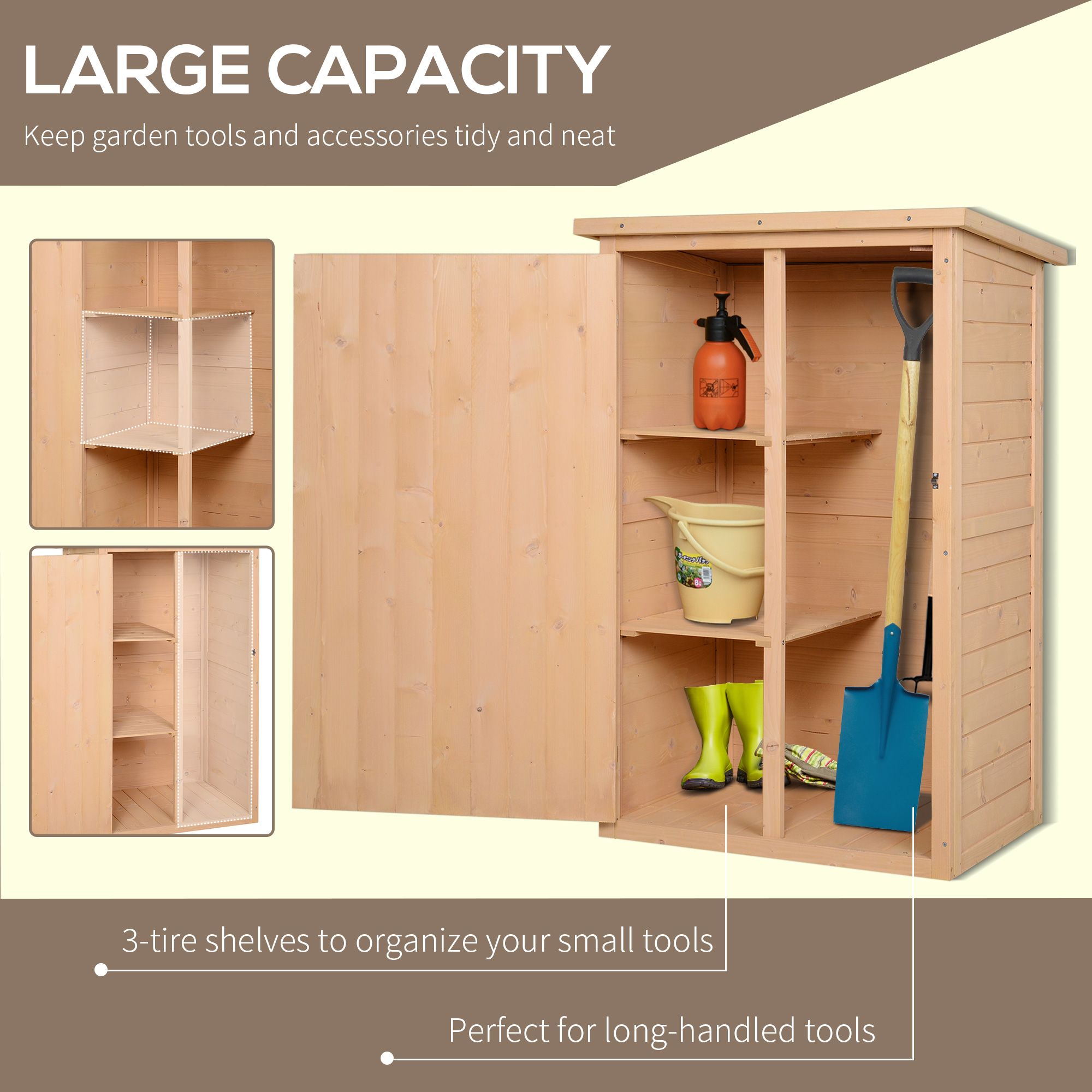 Outsunny Wooden Garden Storage Shed Fir Wood Tool Cabinet Organiser With Shelves 75l X 56w X115hcm