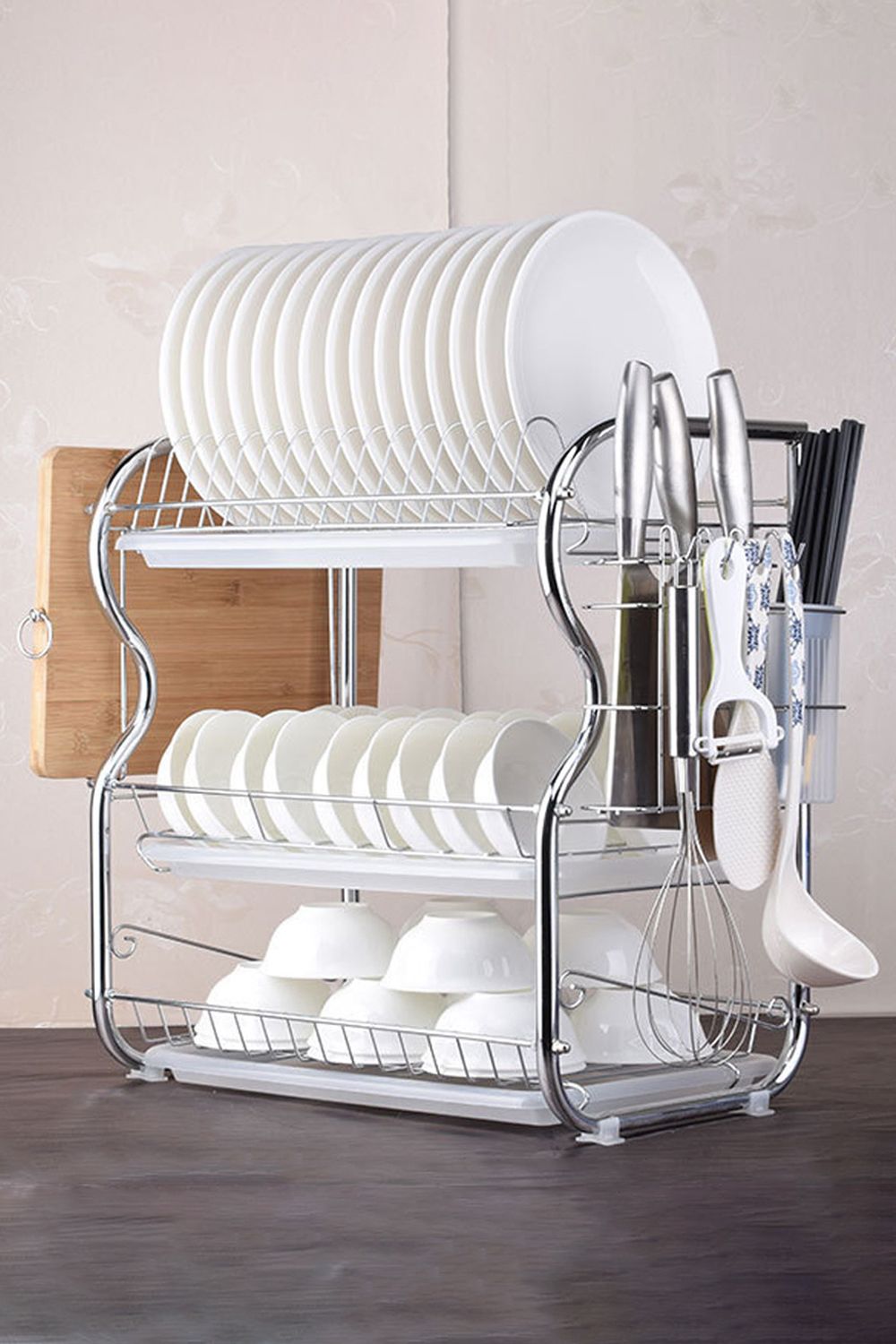 3 Tier Dish Drainer Rack Plate Bowl Storage Drying Tray Board With Kitchen Utensils Holder , Hooks