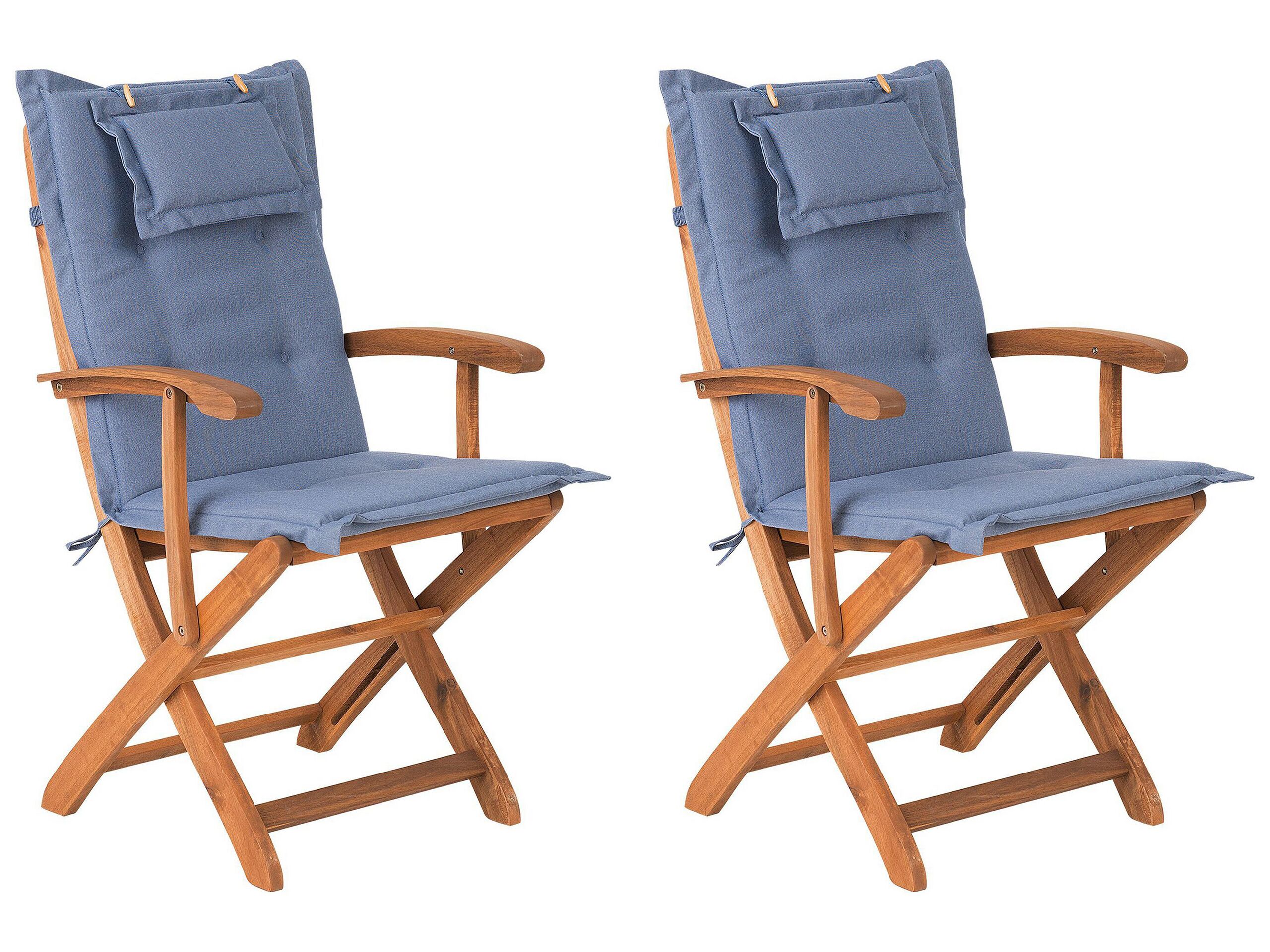 Set Of 2 Garden Dining Chairs Light Wood With Blue Cushion Acacia Wood Frame Folding Rustic Design Beliani