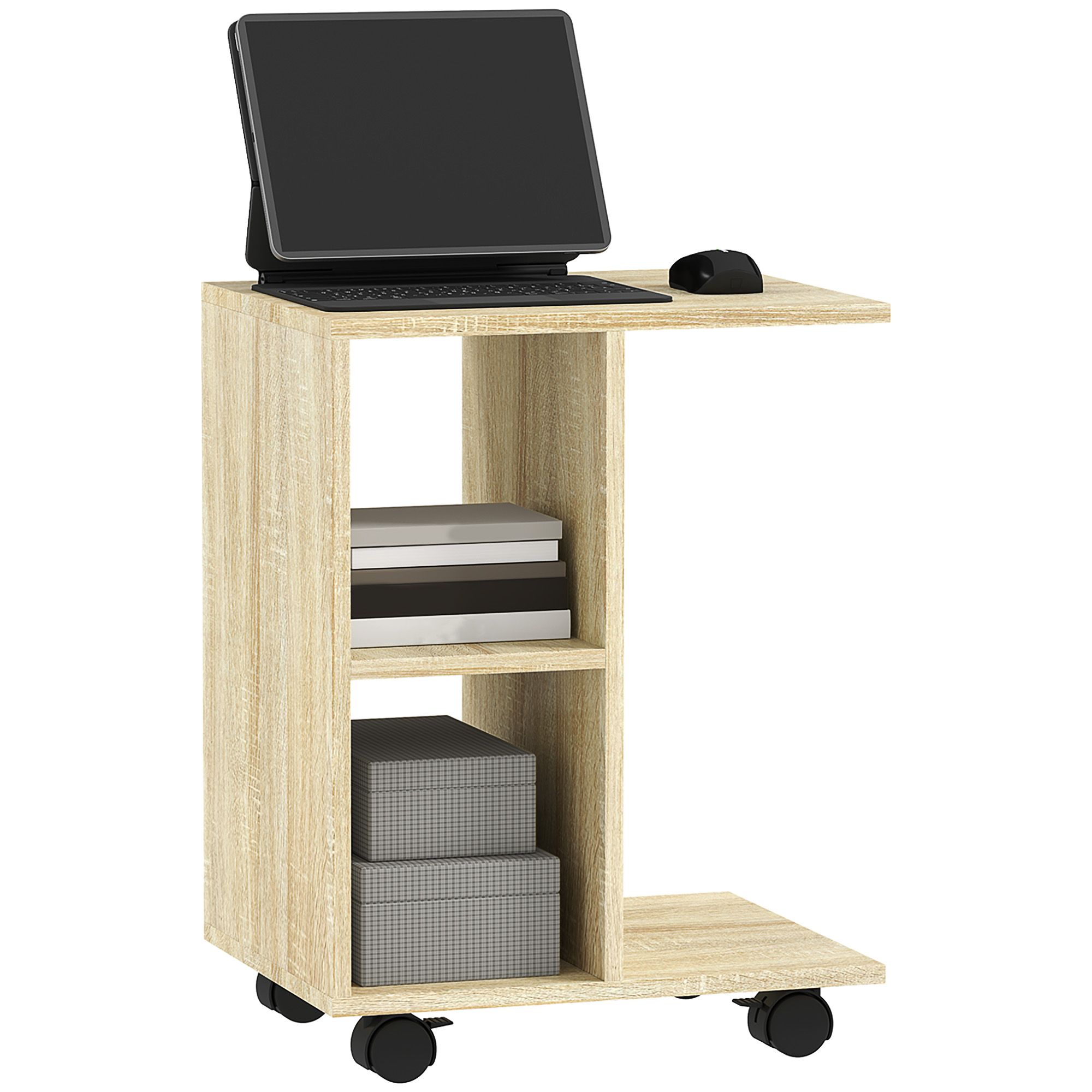 Homcom C-Shape End Table Unique Storage Unit W/ 2 Shelves 4 Wheels Freestanding Home Office Furniture Cabinet Square Studio Natural