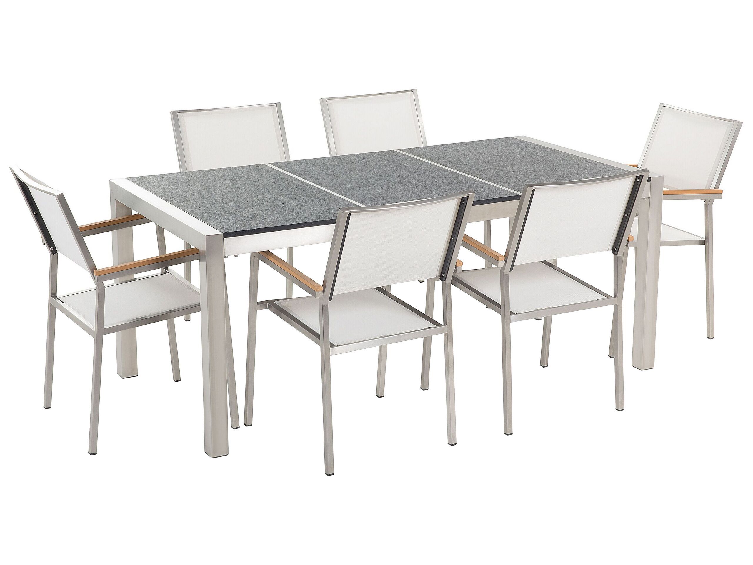 Garden Dining Set White With Flamed Basalt Table Top 6 Seats 180 X 90 Cm Triple Plate Beliani