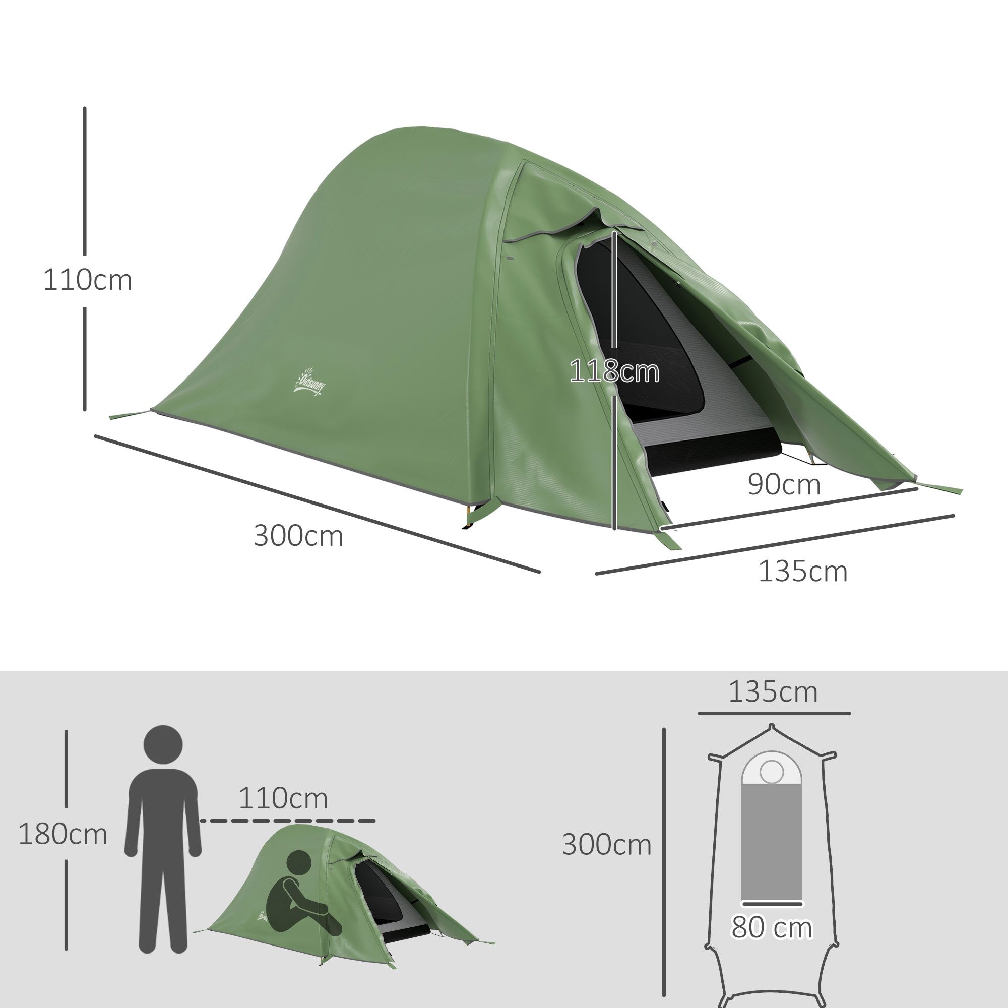 Outsunny Double Layer Camping Tent, 1-2 Man Backpacking Tent With Carry Bag, 2000mm Waterproof And Lightweight, Green