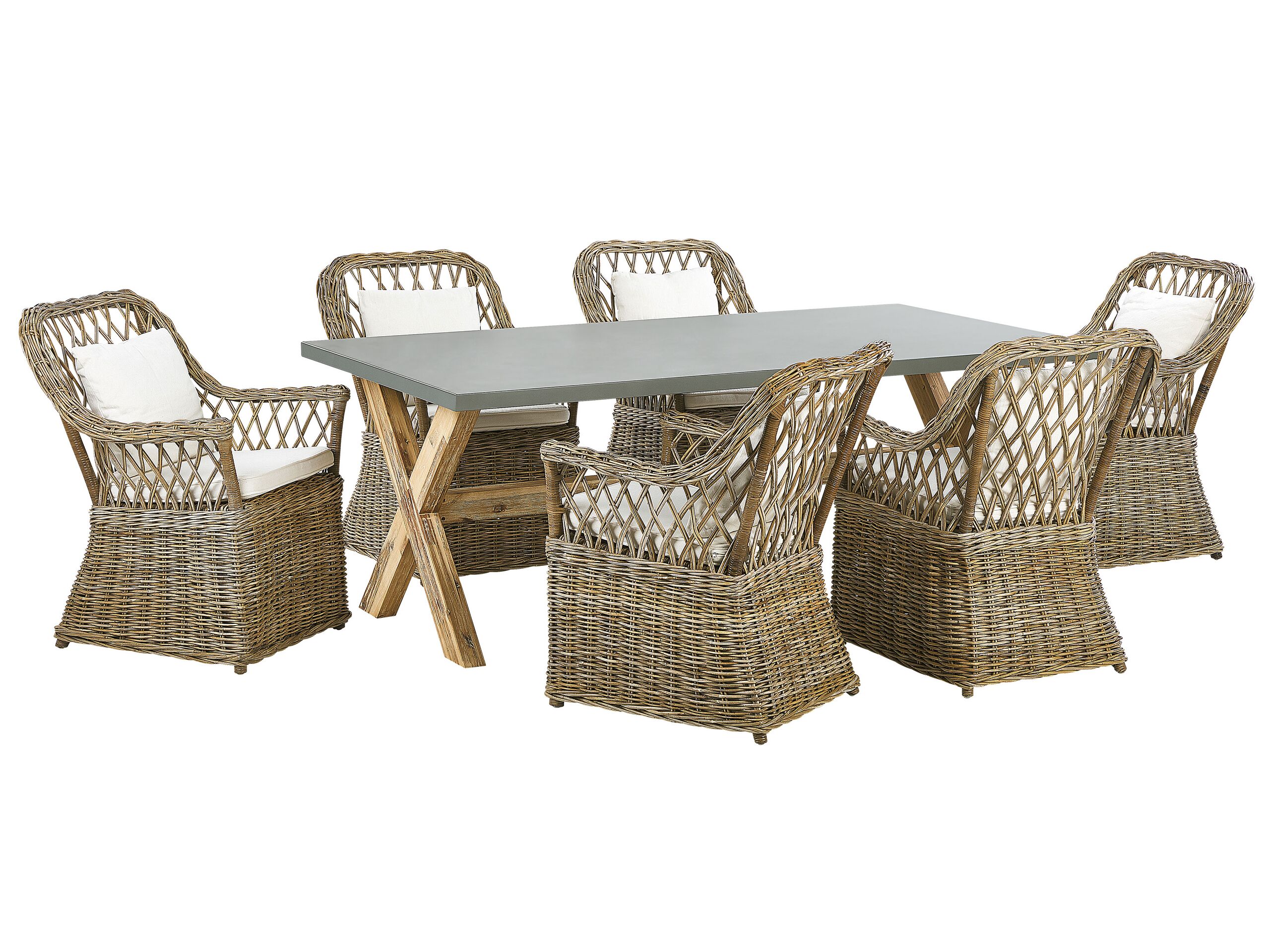 Garden Dining Set Natural Concrete Table 6 Rattan Wicker Chairs With Cotton Cushions Beliani