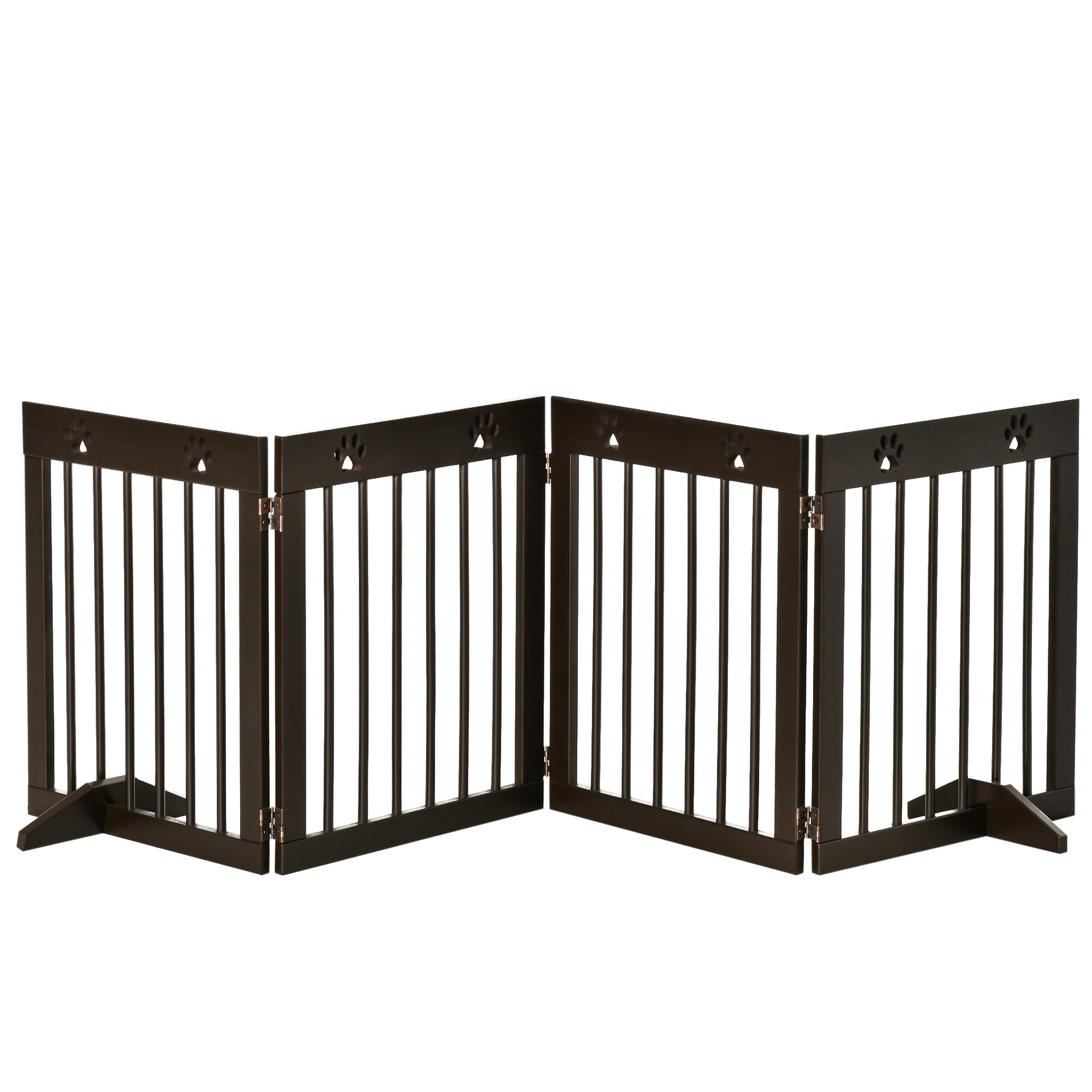 Pawhut Freestanding Pet Gate 4 Panel Wooden Dog Barrier Folding Safety Fence With Support Feet Up To 204cm Long 61cm Tall For Doorway Stairs Brown