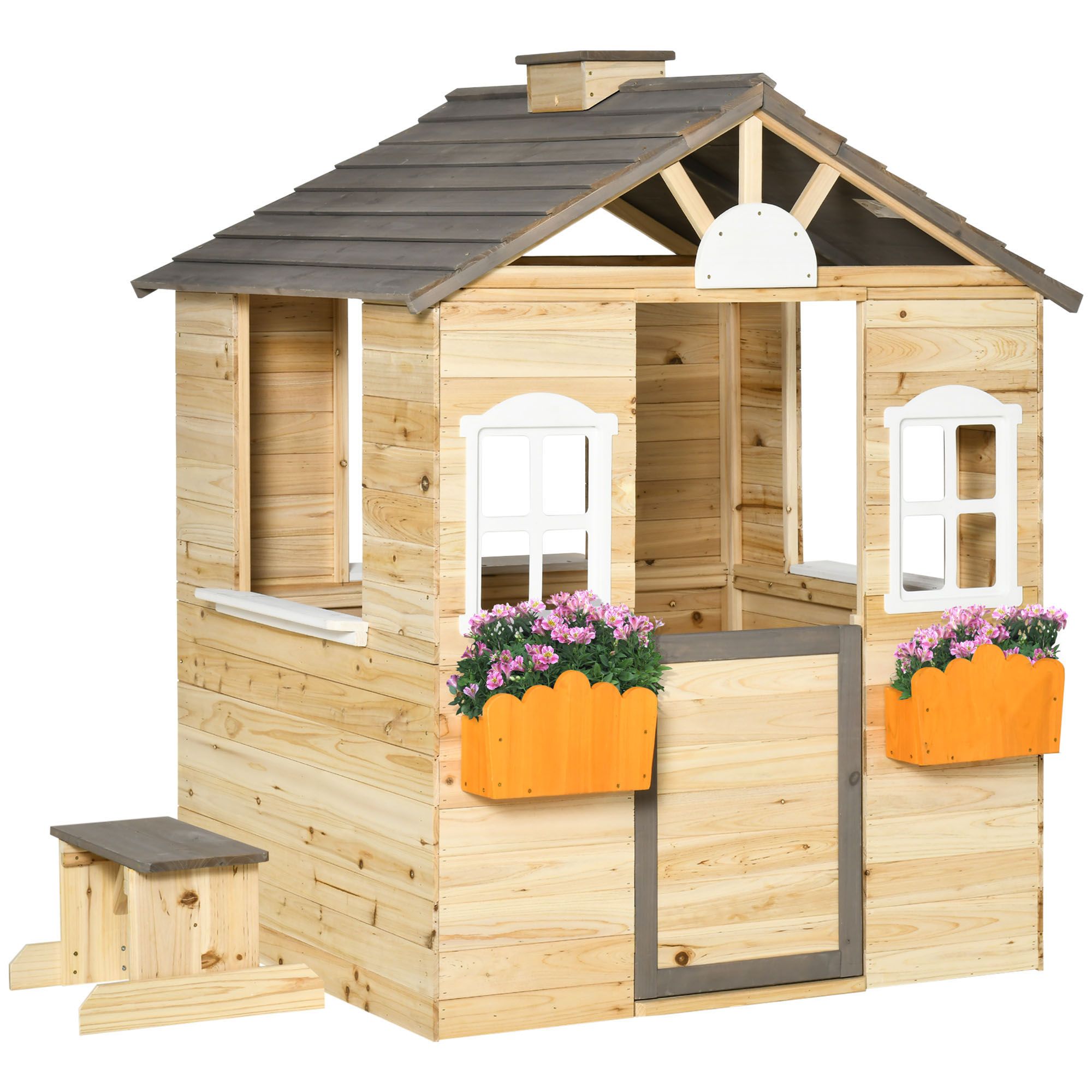 Outsunny Wooden Kids Playhouse, Outdoor Garden Games Cottage With Working Door, Windows, Bench, Service Station, Flowers Pot Holder For 3-7 Years Old