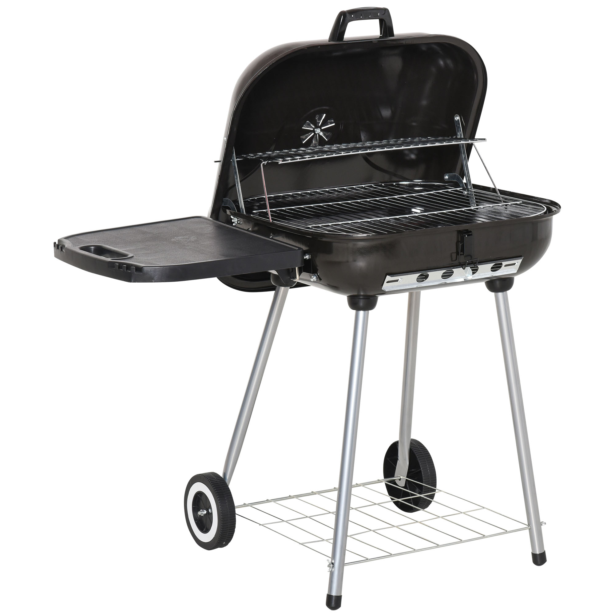 Outsunny Portable Charcoal Bbq Grill 2 Burner Garden Barbecue Trolley W/ Wheels Cooking Heat Control Shelves Smoker