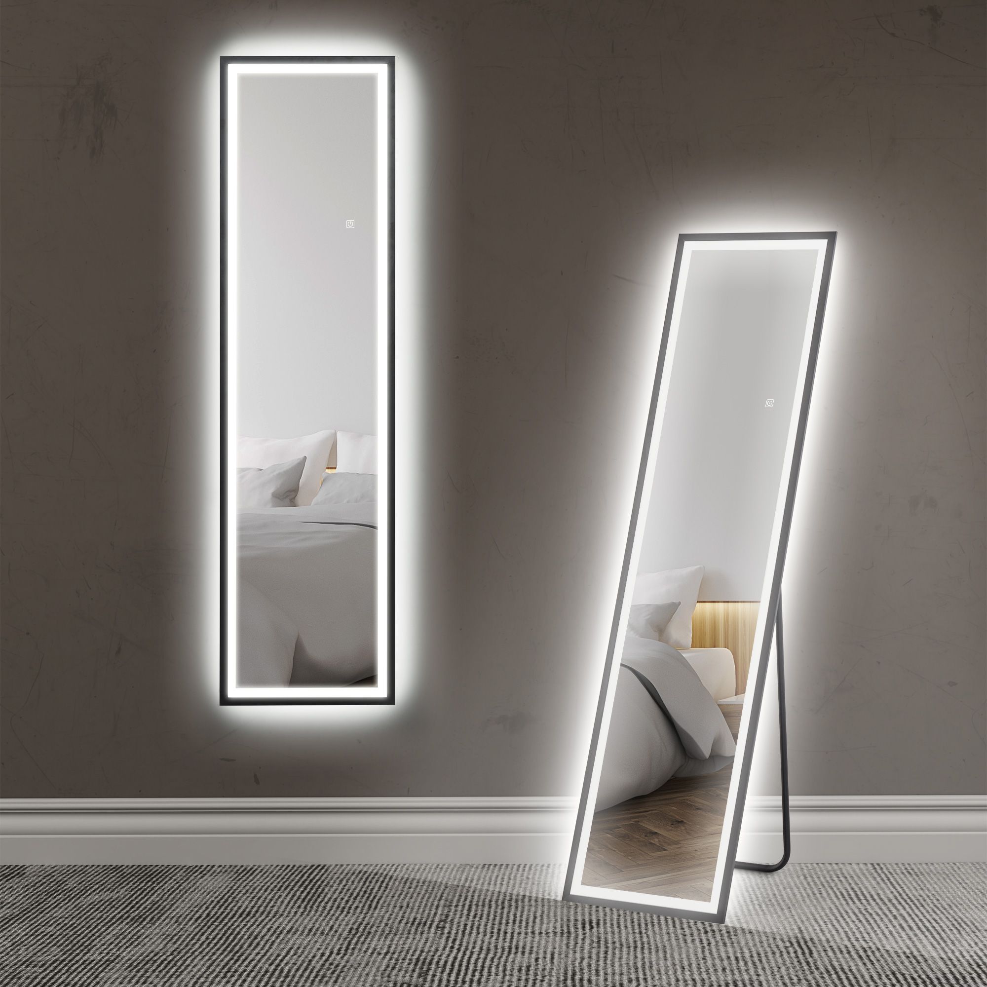 Homcom Full Length Mirror With Led Lights, 150 X 40cm Free Standing Mirror With Dimming And 3 Colour Lighting, Leaning Or Wall Mirror With Metal Frame