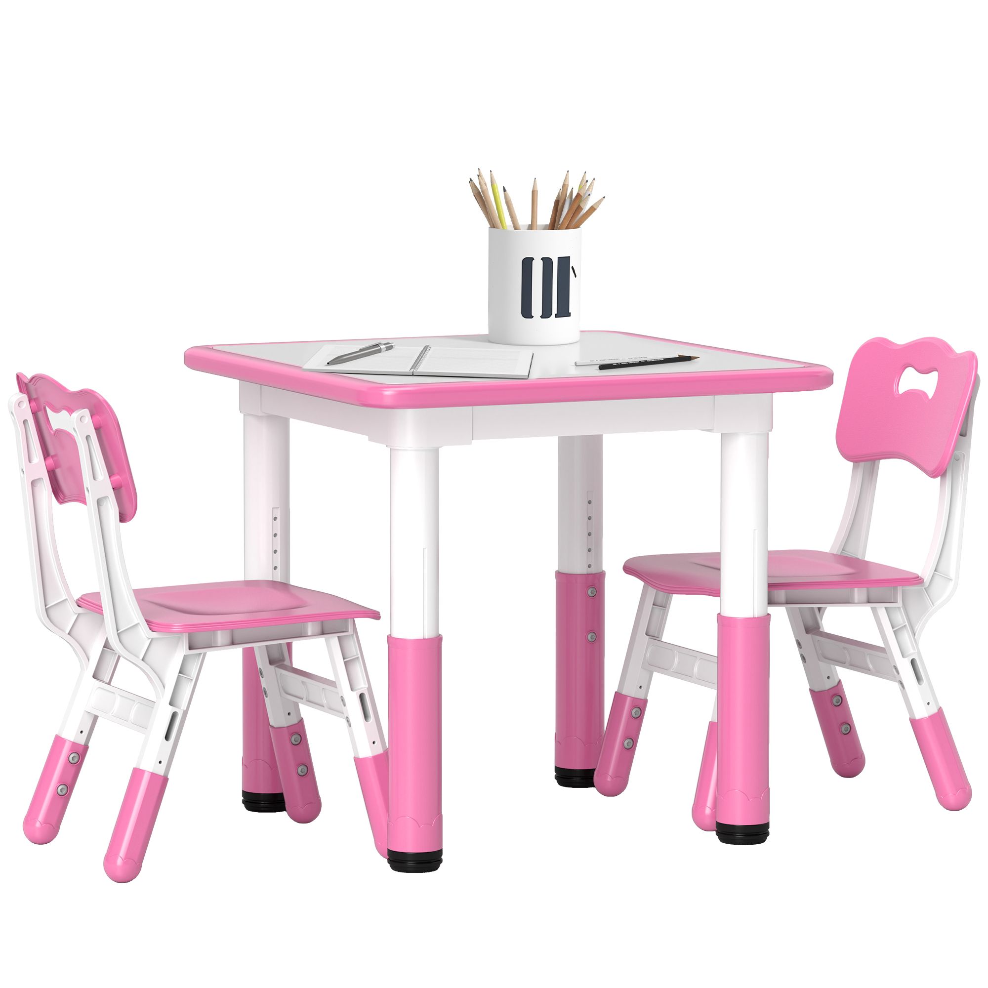 Aiyaplay Height Adjustable Toddler Table And Chair Set, 3 Pcs Children Activity Table W/ 2 Chairs, For Playroom, Bedroom - Pink