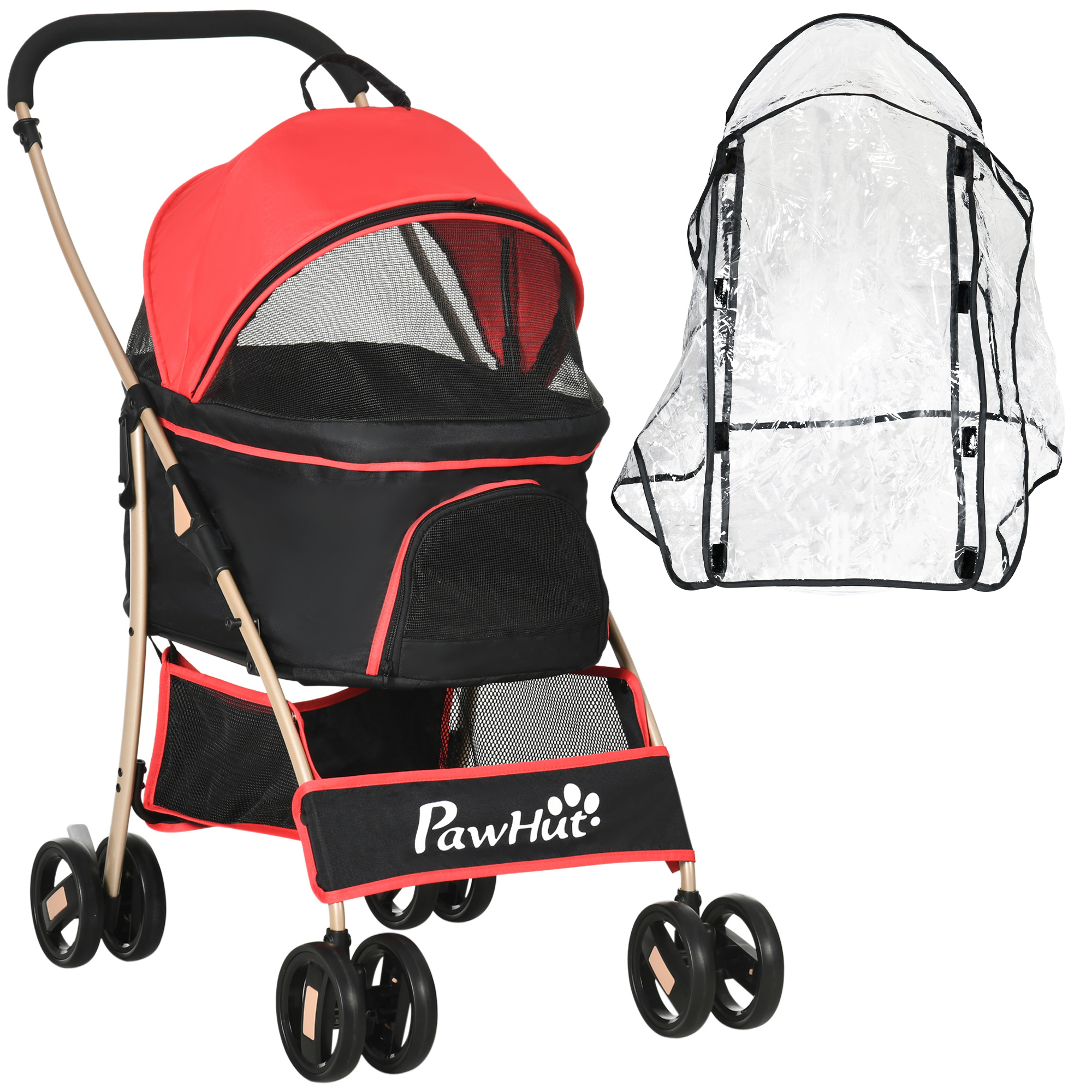 Pawhut Detachable Pet Stroller With Rain Cover, 3 In 1 Cat Dog Pushchair, Foldable Carrying Bag W/ Universal Wheels, Brake, Canopy, Basket