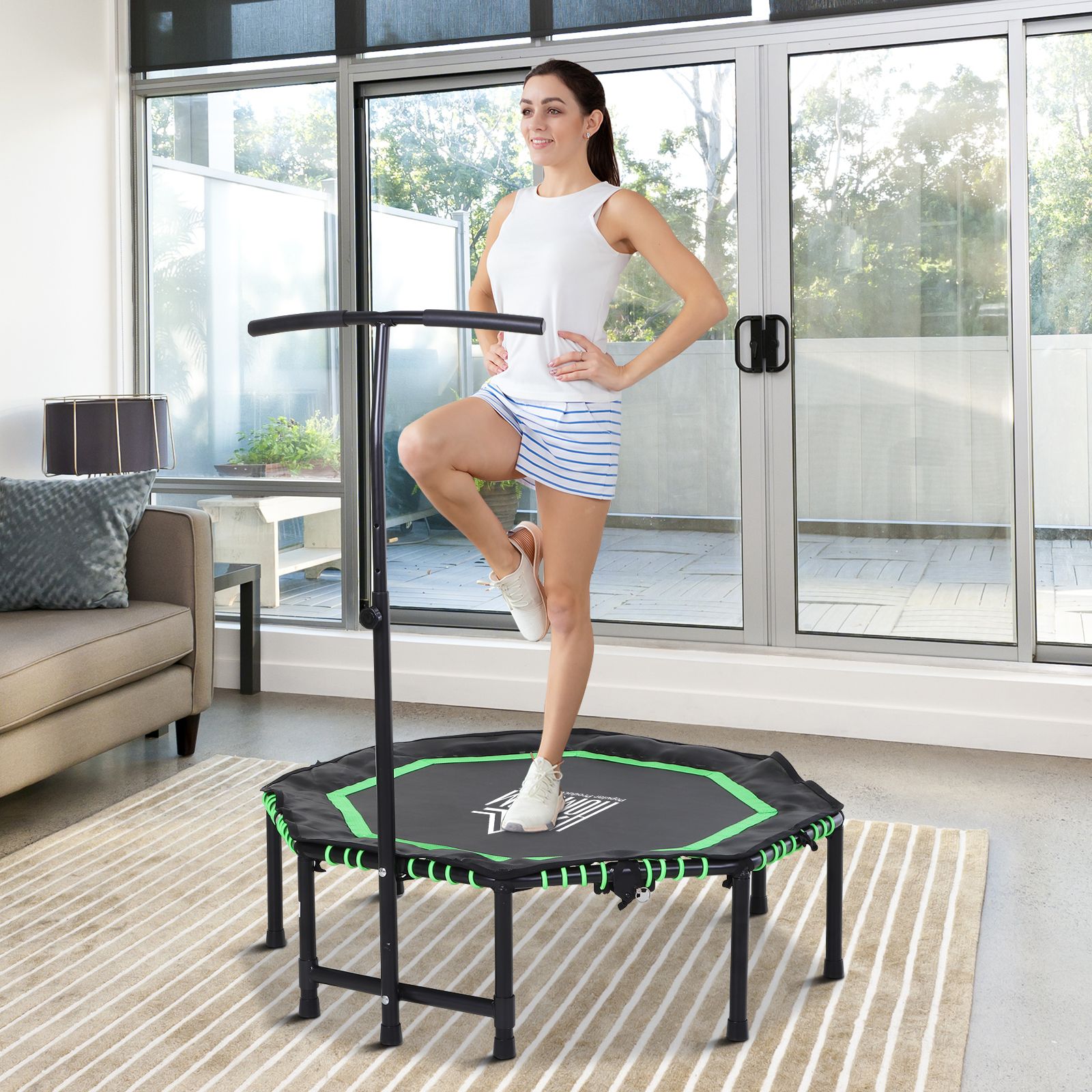 Homcom 48" Octagonal Mini Fitness Rebounder Trampoline Foldable Mini Jumper With Adjustable Handle, Green