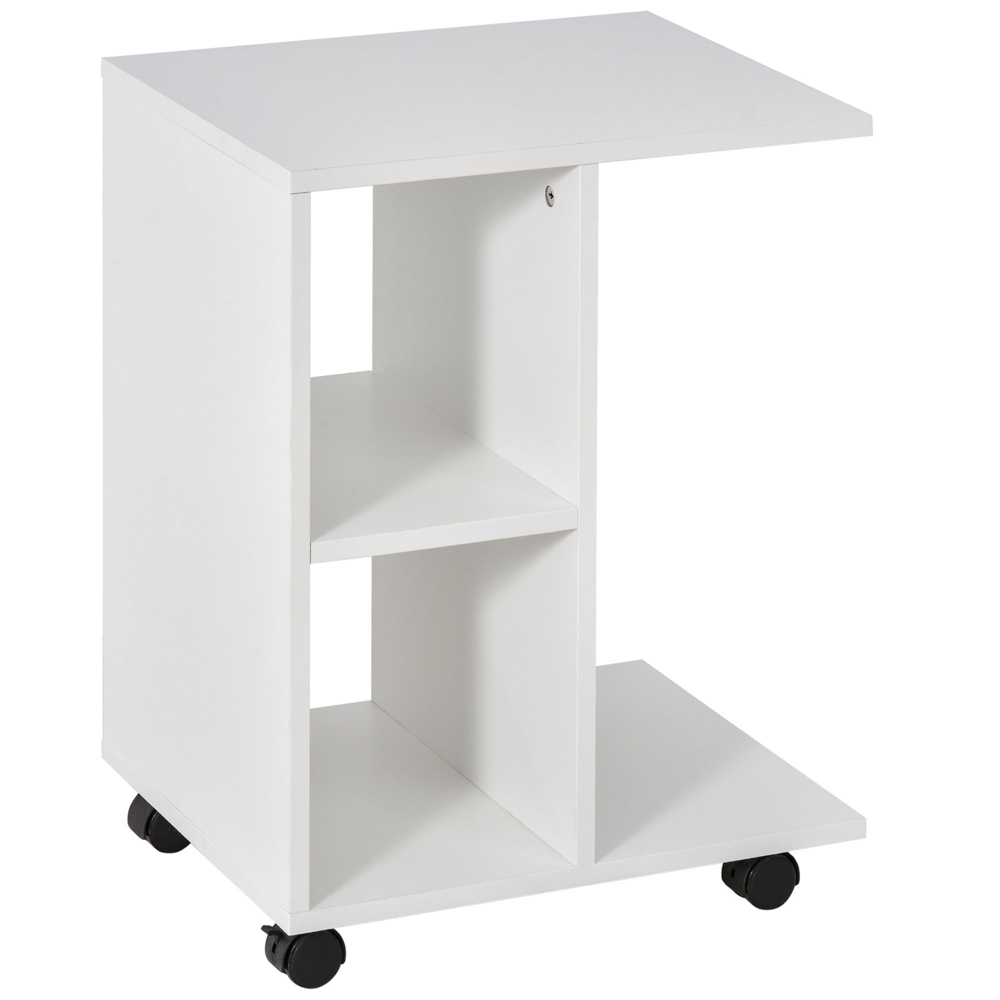 Homcom C-Shape End Table Unique Storage Unit W/ 2 Shelves 4 Wheels Freestanding Home Office Furniture Cabinet Square Studio White