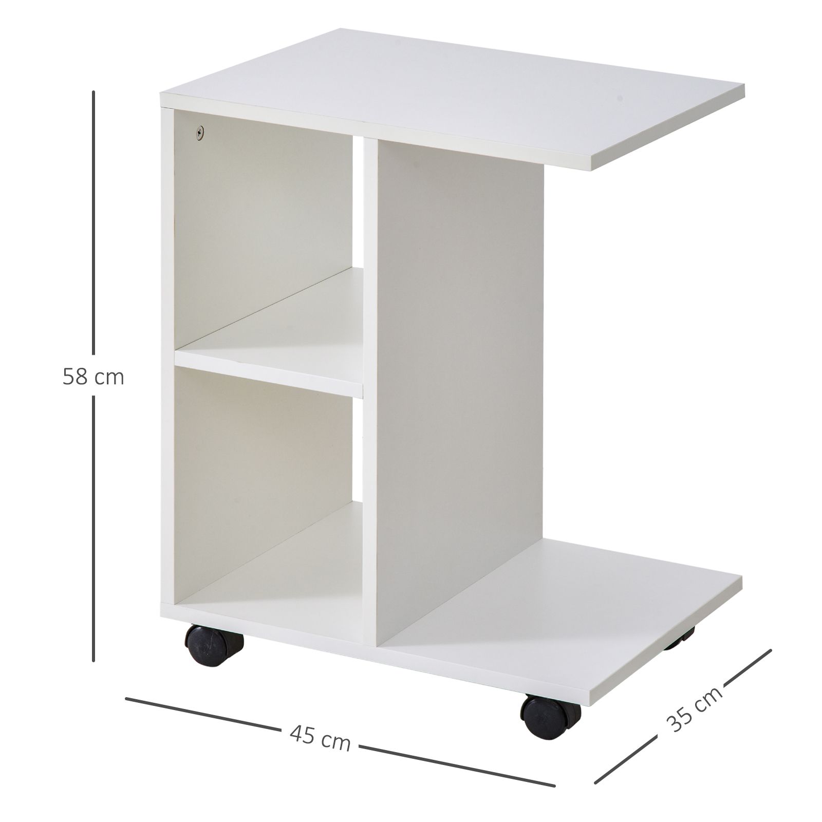 Homcom C-Shape End Table Unique Storage Unit W/ 2 Shelves 4 Wheels Freestanding Home Office Furniture Cabinet Square Studio White