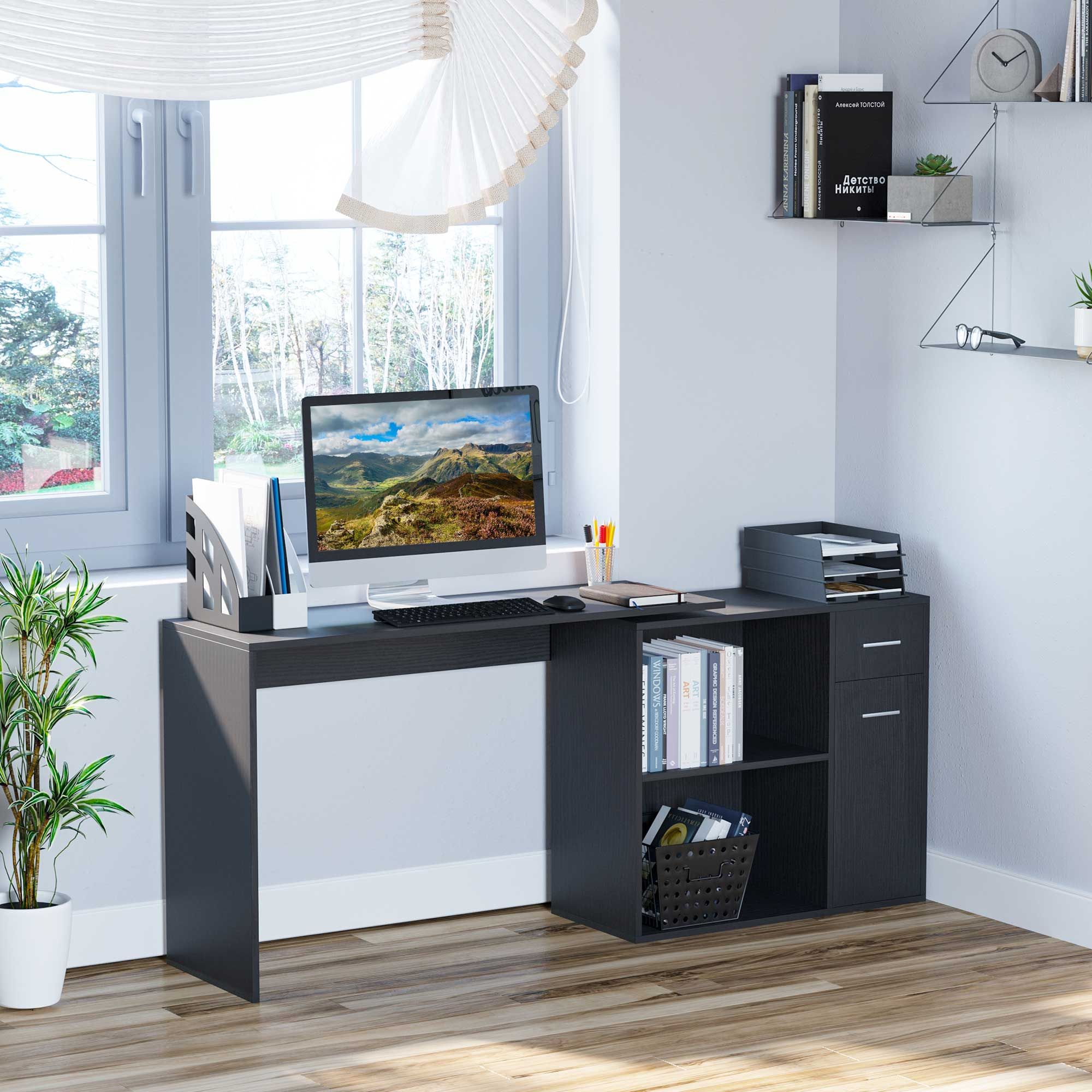 Homcom L-Shaped Corner Computer Desk Table Study Table Pc Workstation With Storage Shelf Drawer Home Office Black