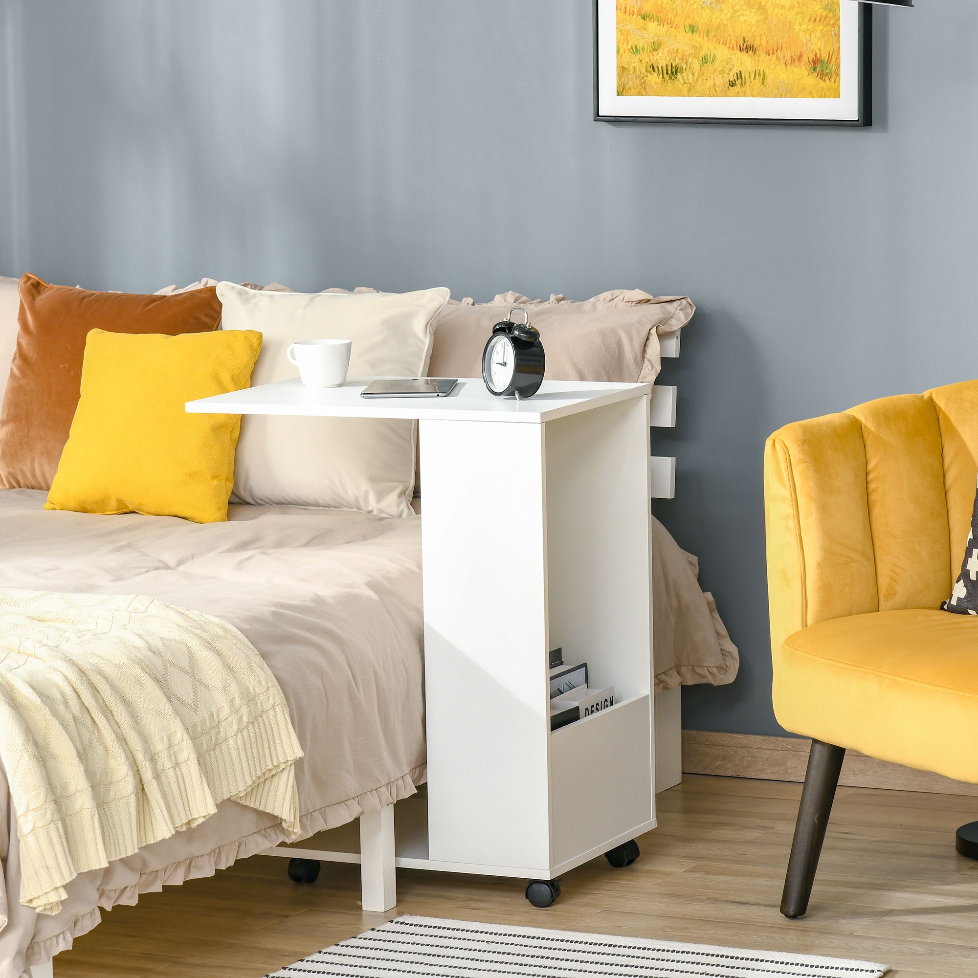 Homcom Mobile Sofa Side Table C-Shape End Table With Storage And Casters For Laptop Coffee Snack, White