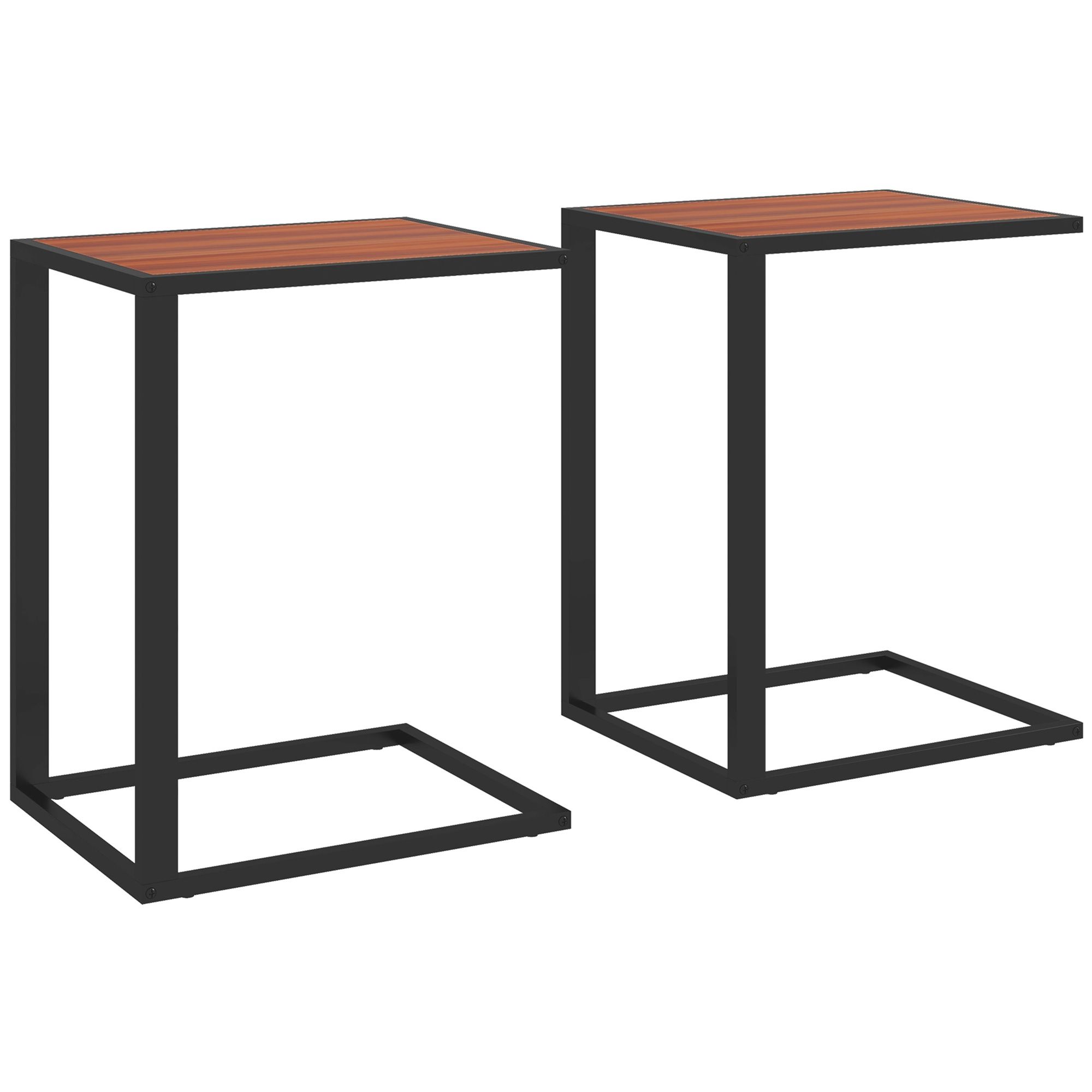 Homcom C-Shaped Side Table, Sofa End Table With Metal Frame, Accent Couch Table, Set Of 2, Walnut And Black