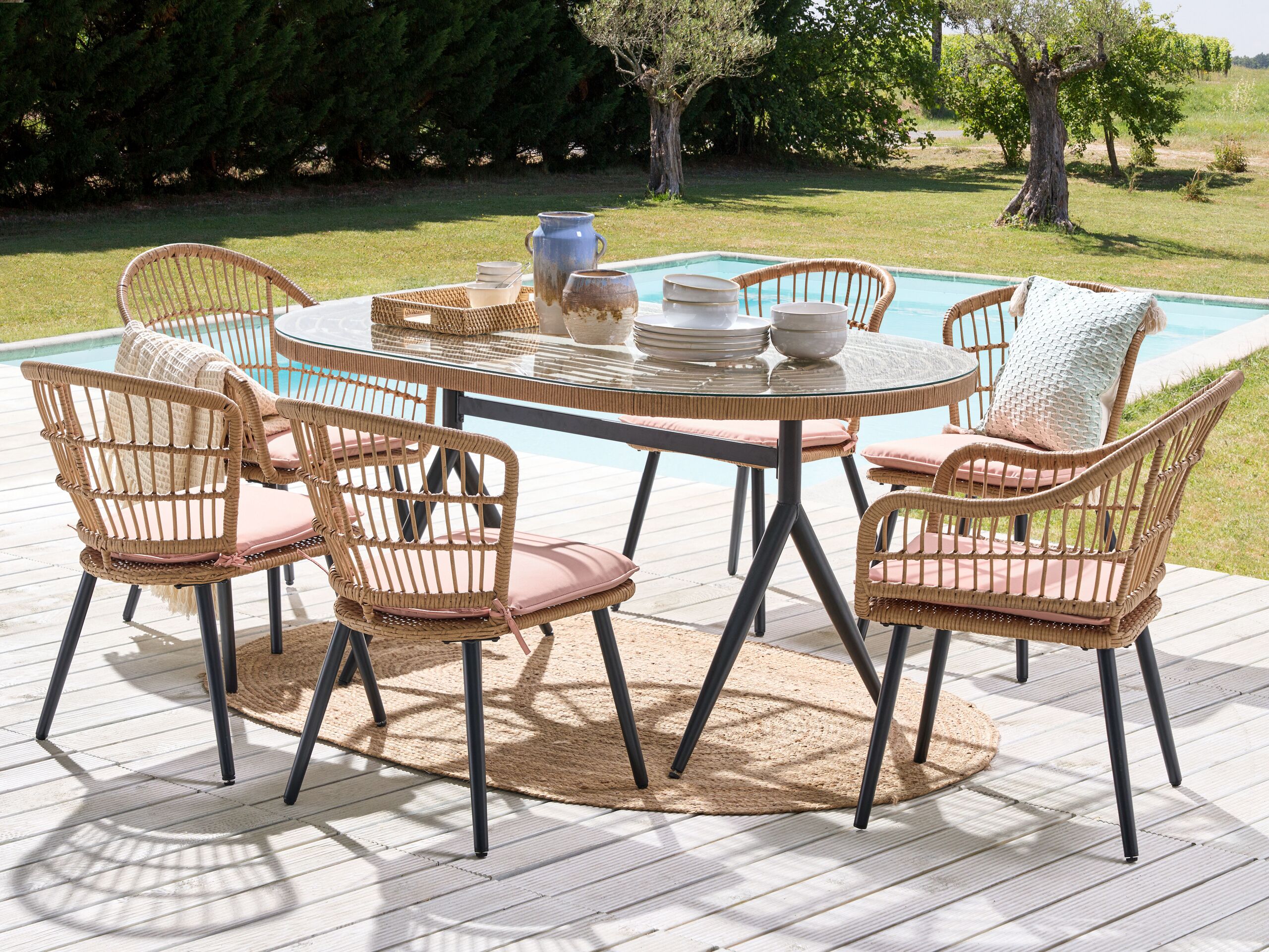 Garden Dining Set Pink Faux Rattan 6 Seater Seat Pads Glass Tabletop Beliani