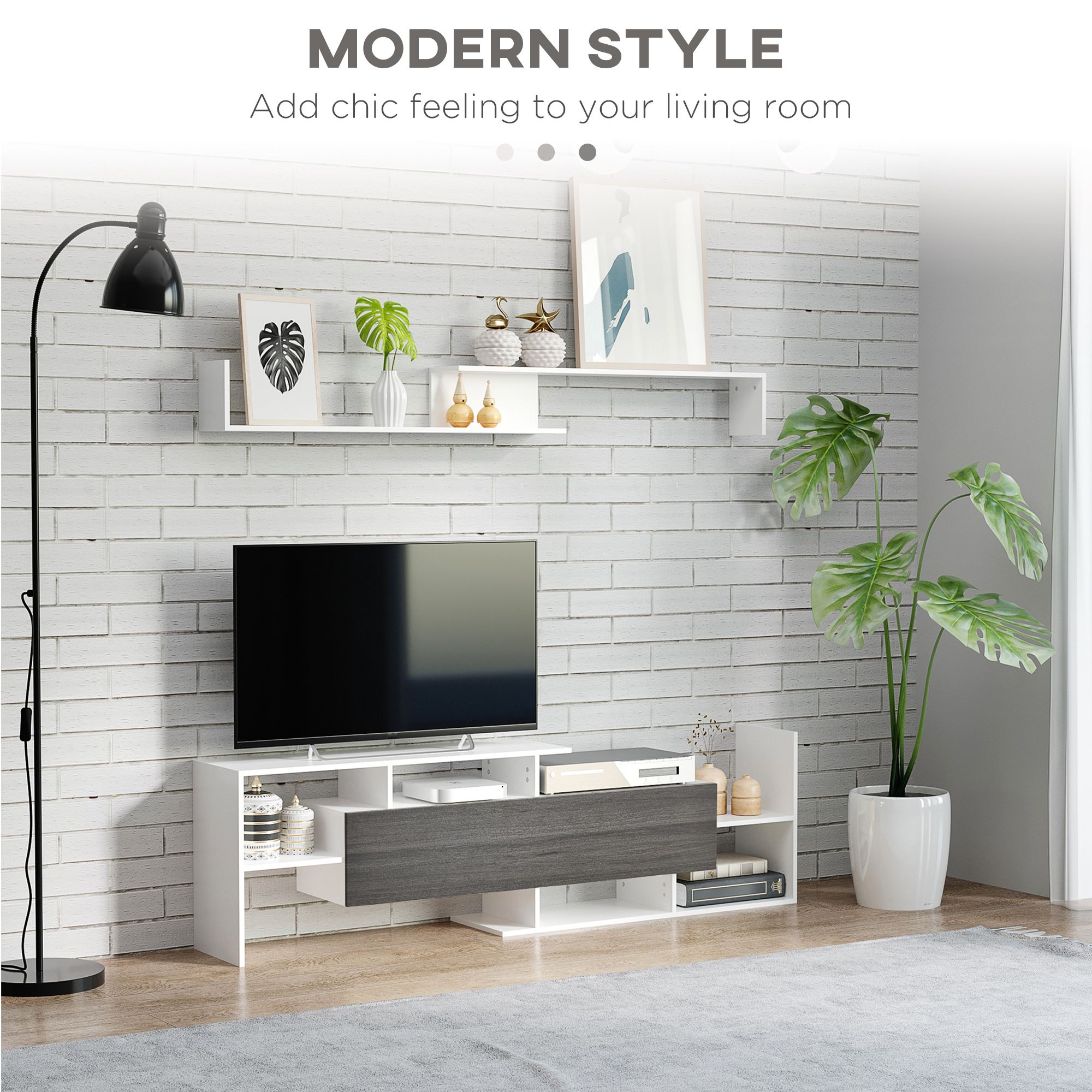 Homcom Tv Unit With Storage For Wall-mounted 65" Tvs Or Standing 50" Tvs, Tv Stand Set W/ A Wall Shelf & A Cabinet,-white & Grey