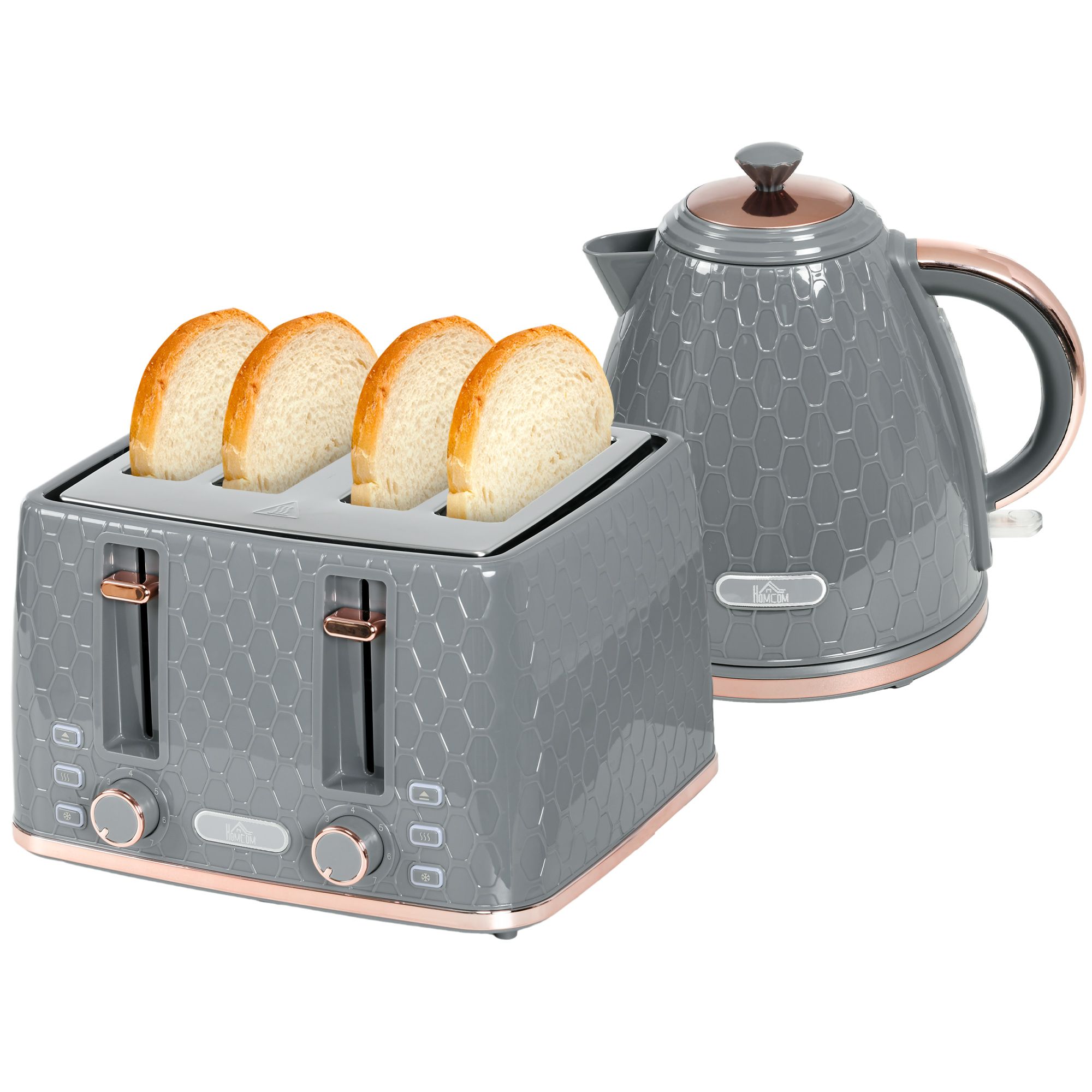 Homcom 1.7l 3000w Fast Boil Kettle & 4 Slice Toaster Set, Kettle And Toaster Set With 7 Browning Controls, Crumb Tray, Grey
